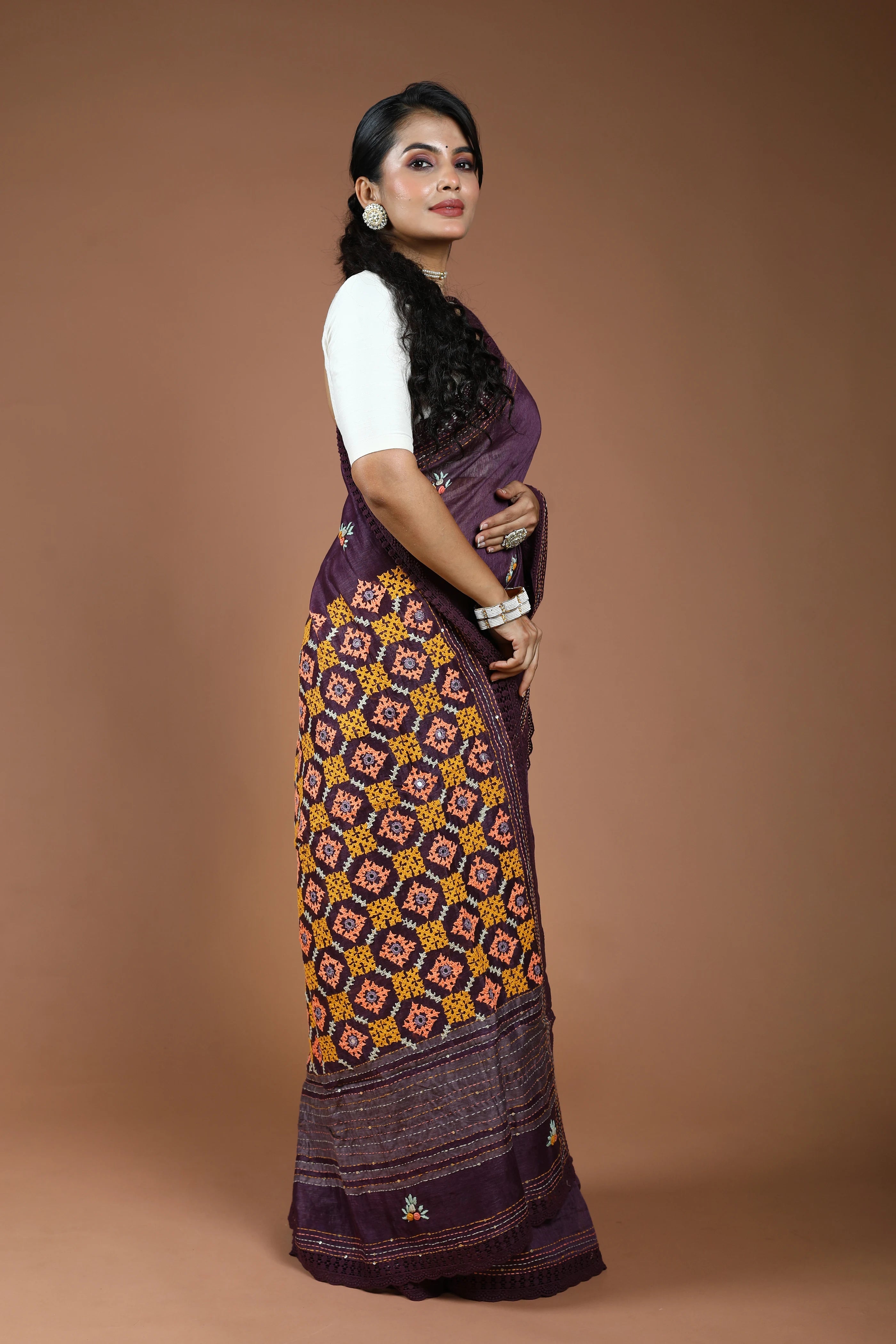 Violet Silk Linen Hand Gujarati Saree With Blouse Piece