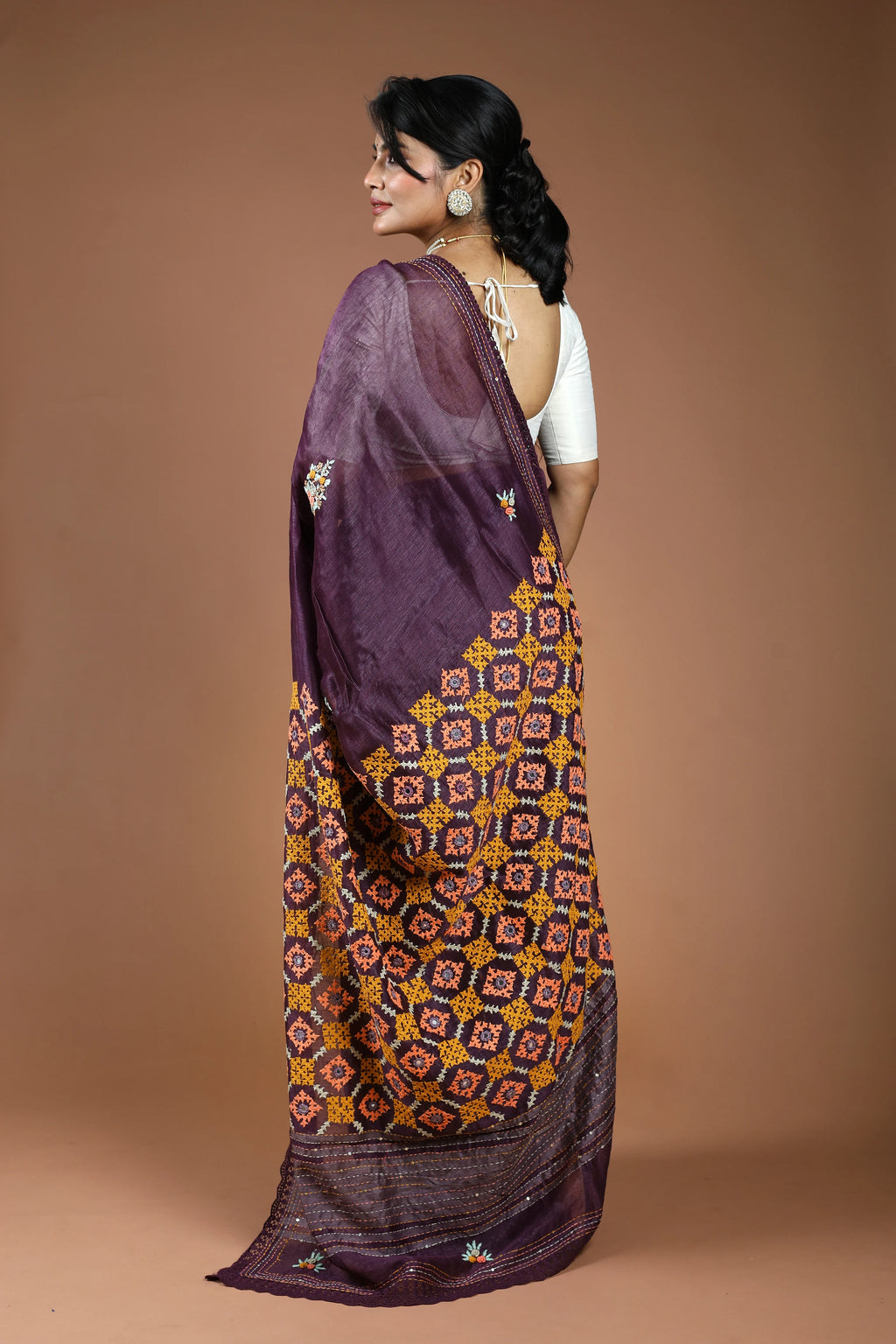 Violet Silk Linen Hand Gujarati Saree With Blouse Piece