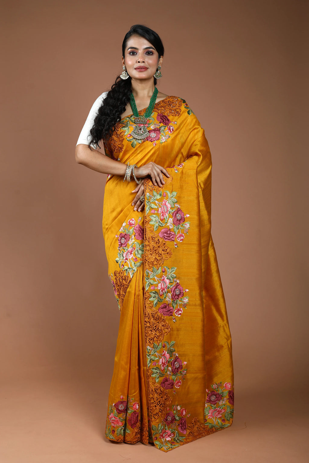 Mustard Yellow Semi Tussar Cutwork Saree With Blouse Piece