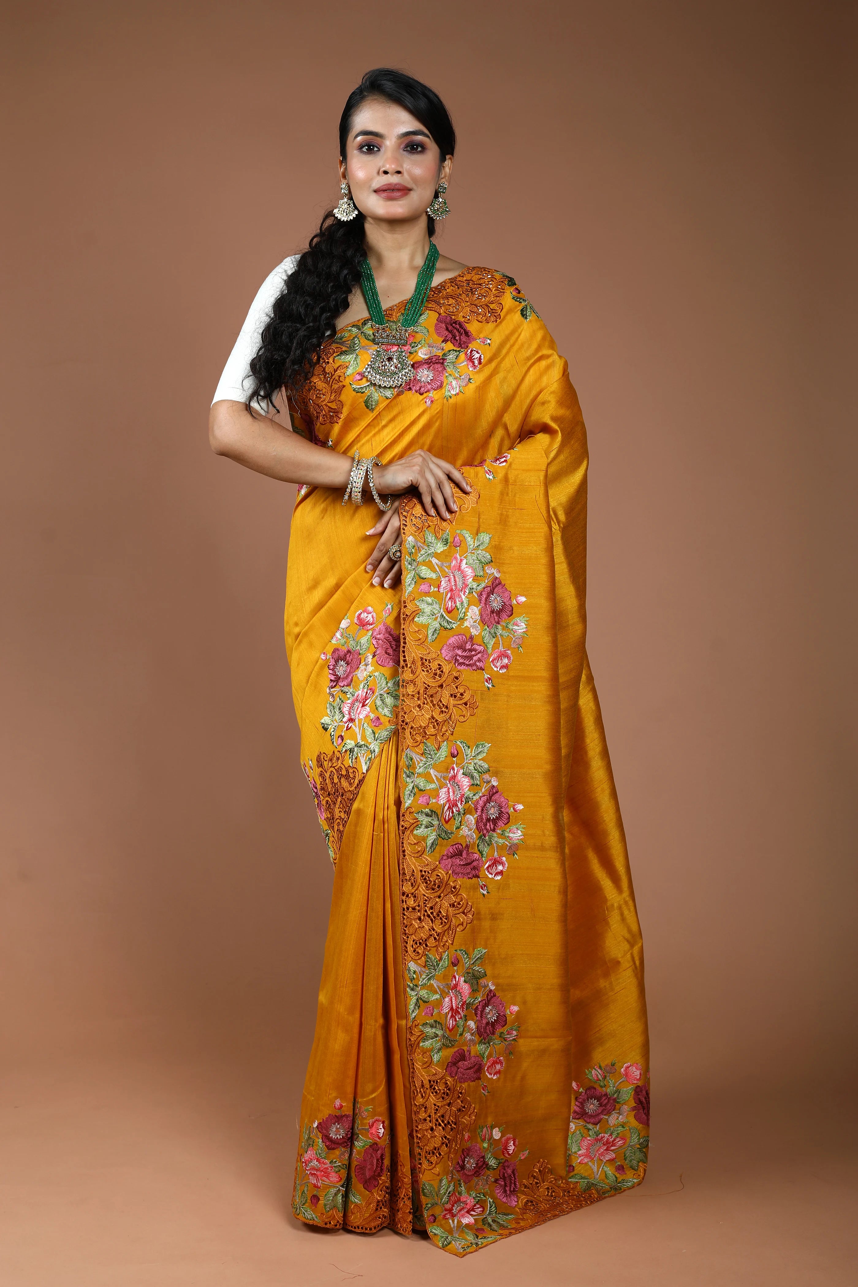 Mustard Yellow Semi Tussar Cutwork Saree With Blouse Piece