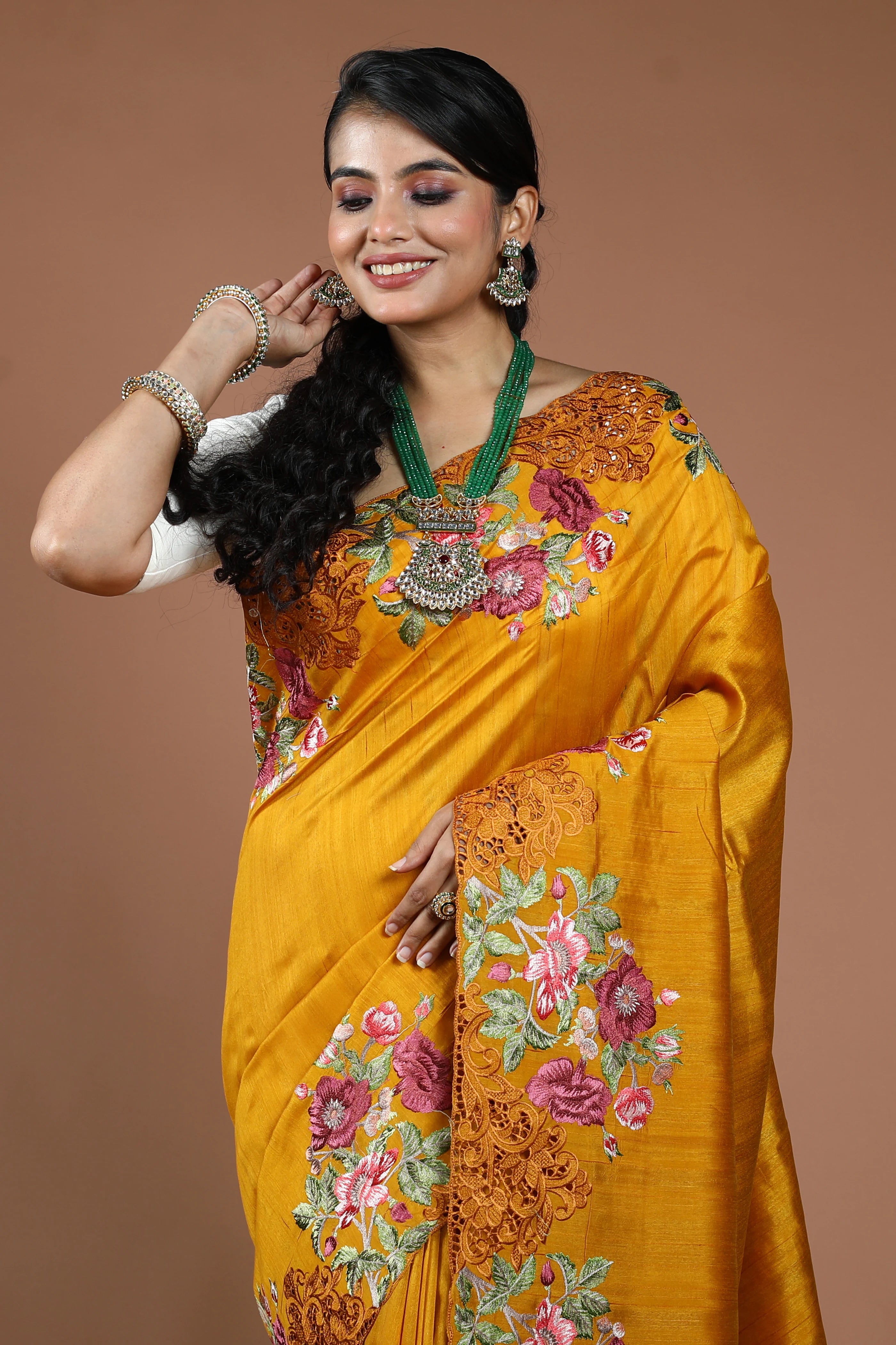 Mustard Yellow Semi Tussar Cutwork Saree With Blouse Piece