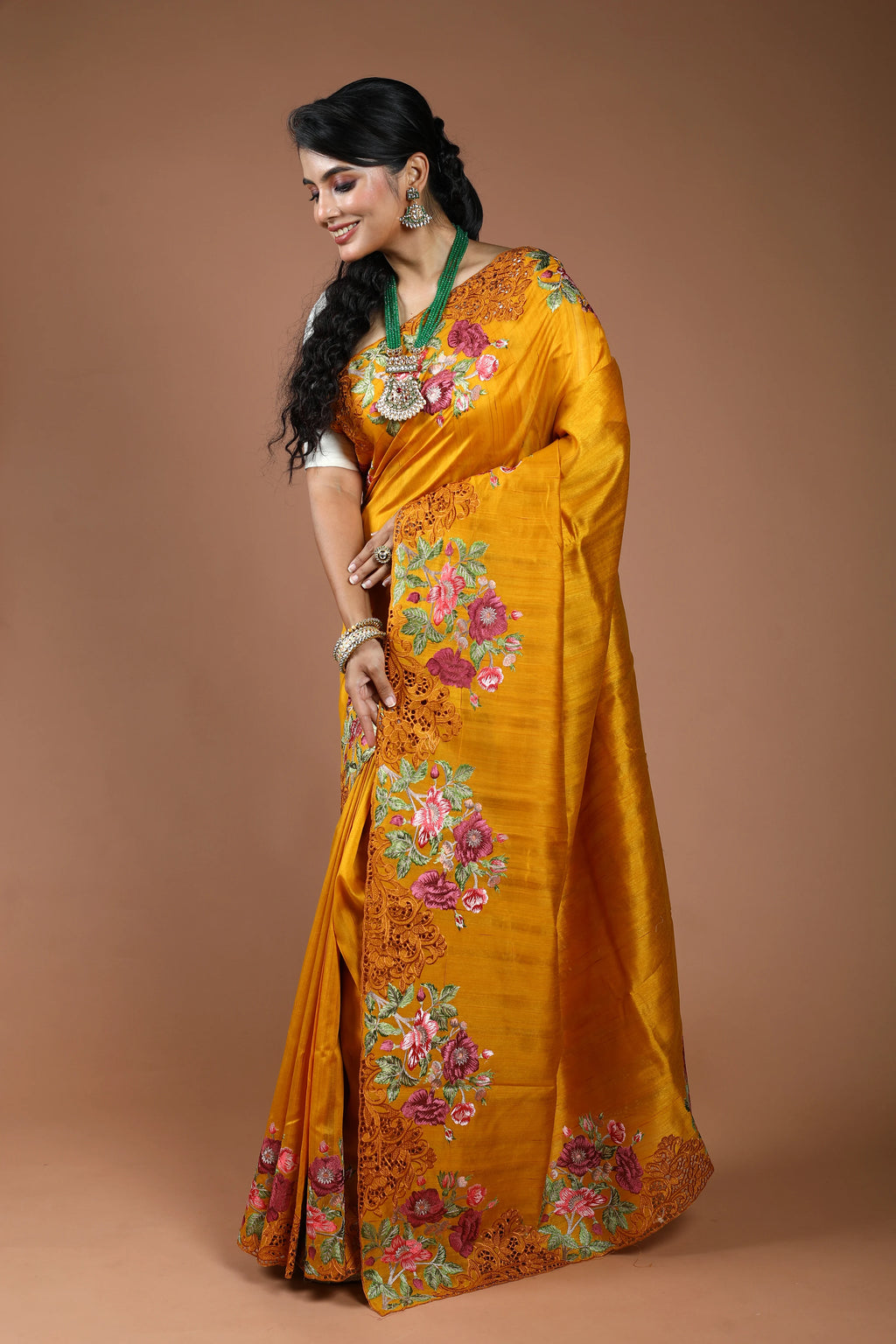 Mustard Yellow Semi Tussar Cutwork Saree With Blouse Piece