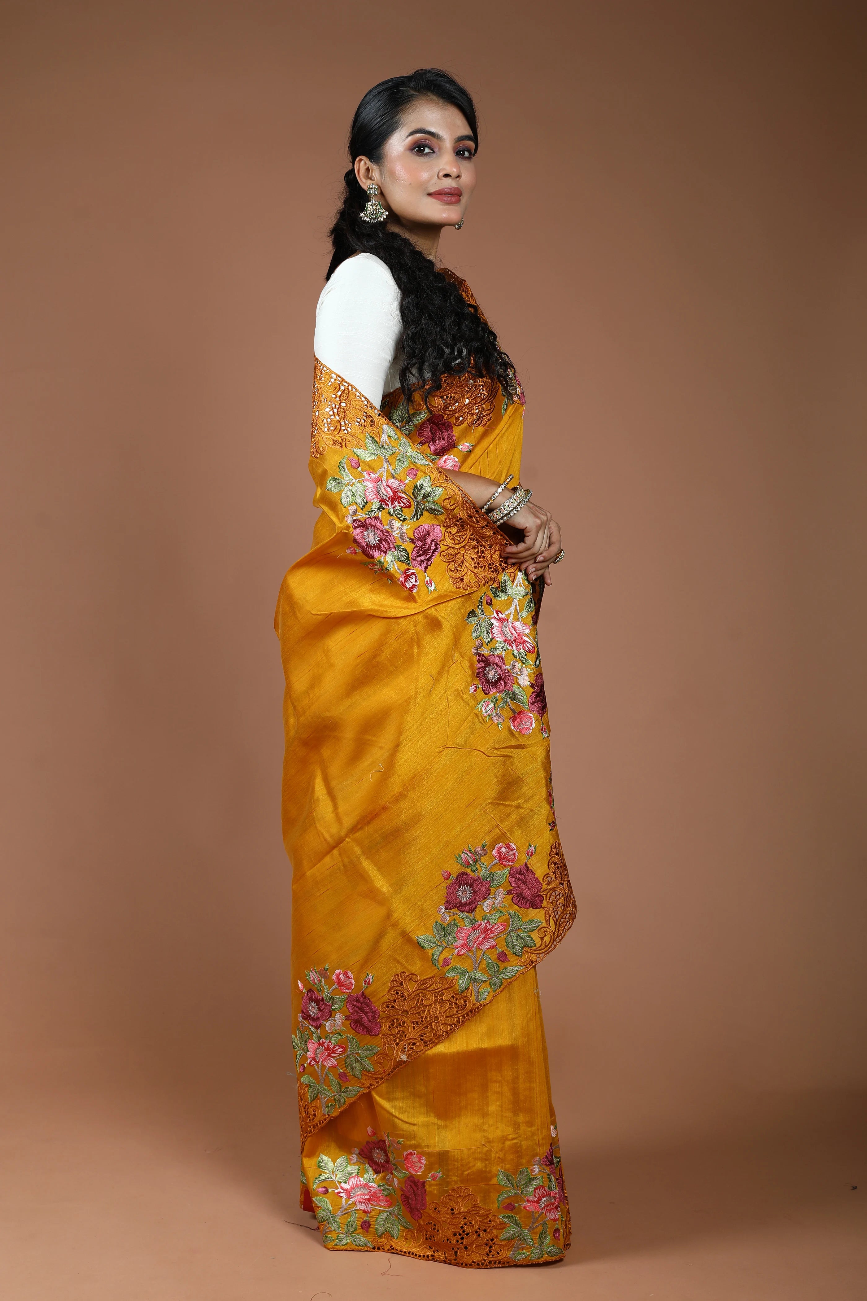 Mustard Yellow Semi Tussar Cutwork Saree With Blouse Piece