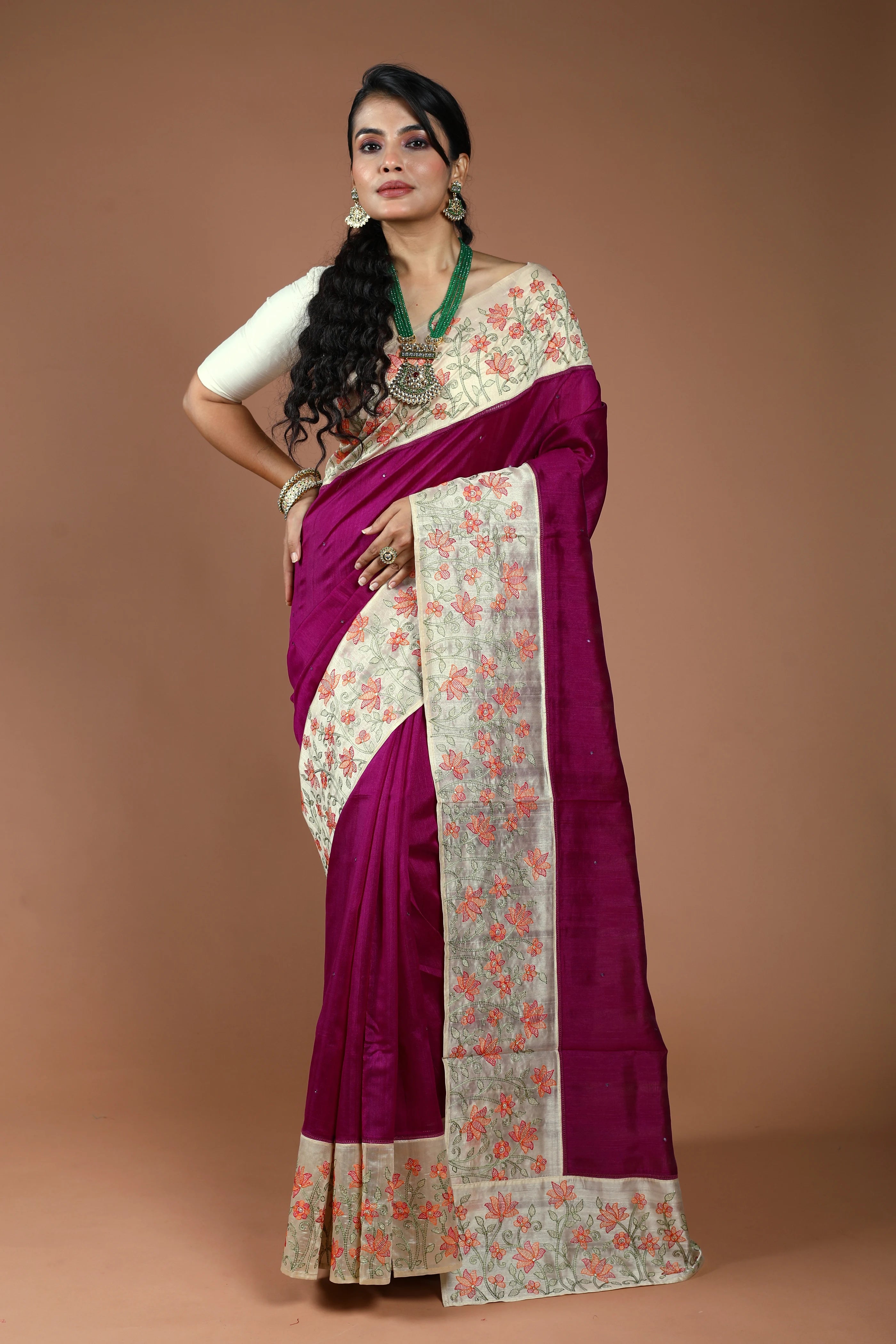 Wine Semi Tussar Embroidery Saree With Blouse Piece