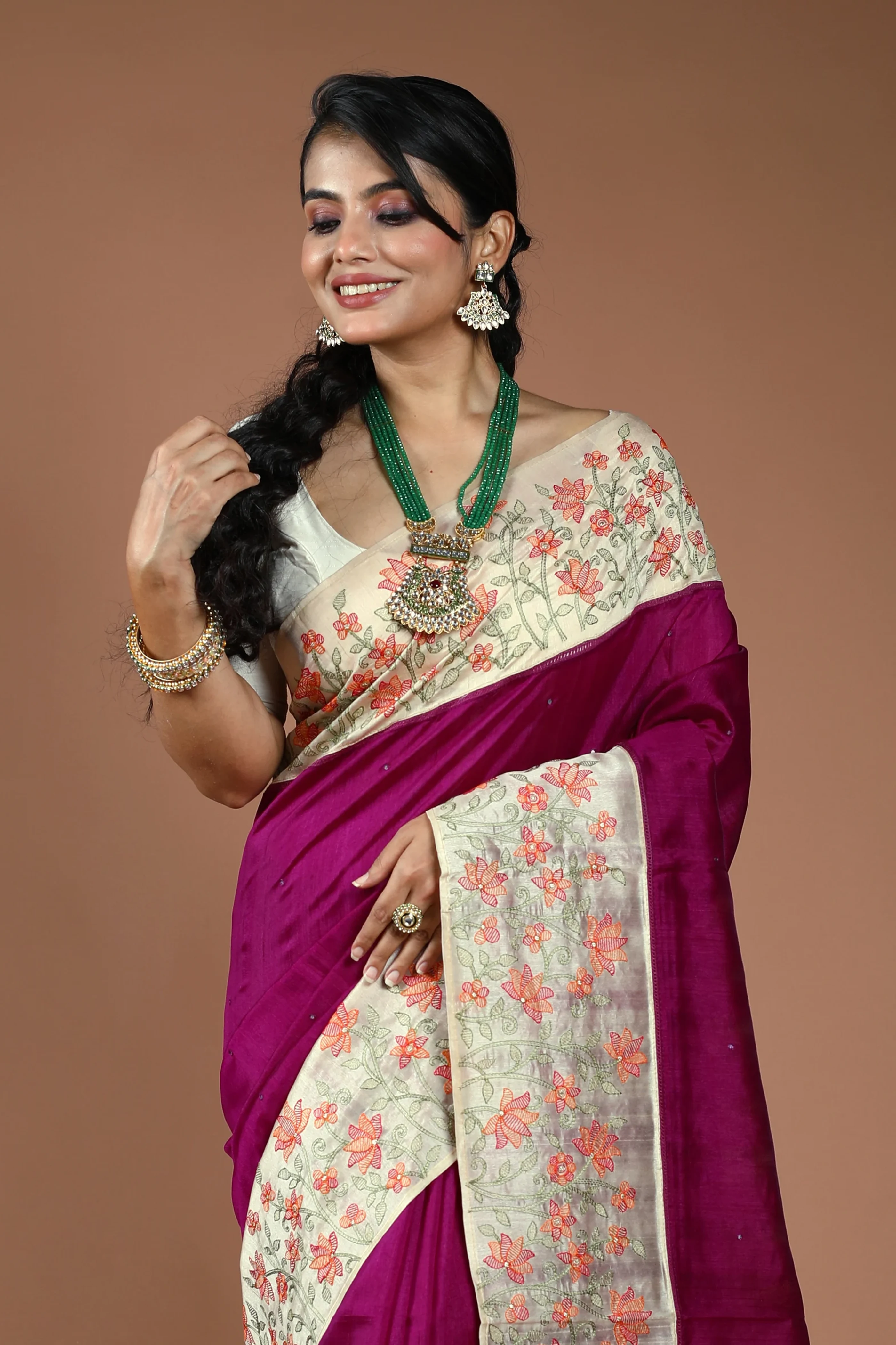 Wine Semi Tussar Embroidery Saree With Blouse Piece