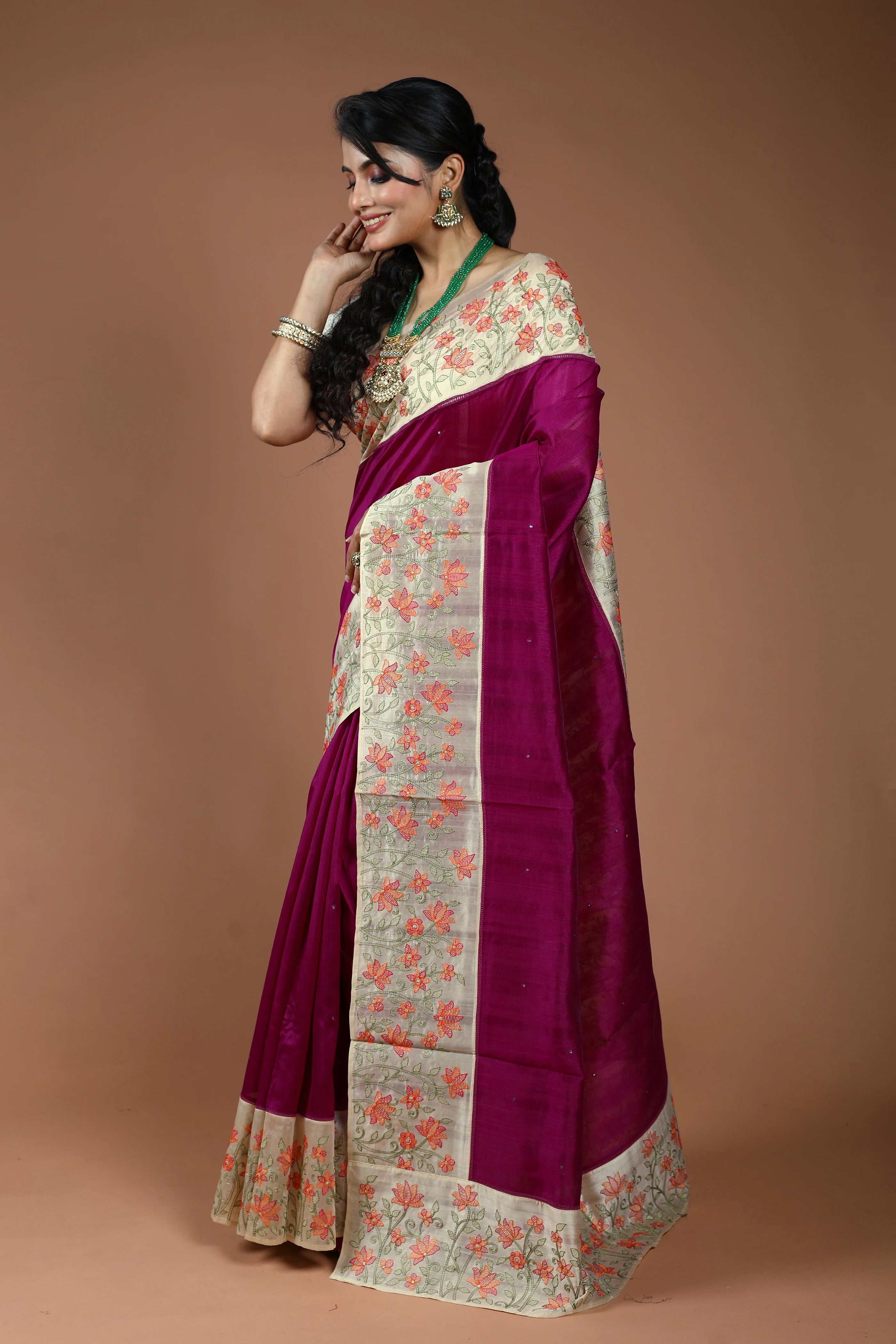 Wine Semi Tussar Embroidery Saree With Blouse Piece