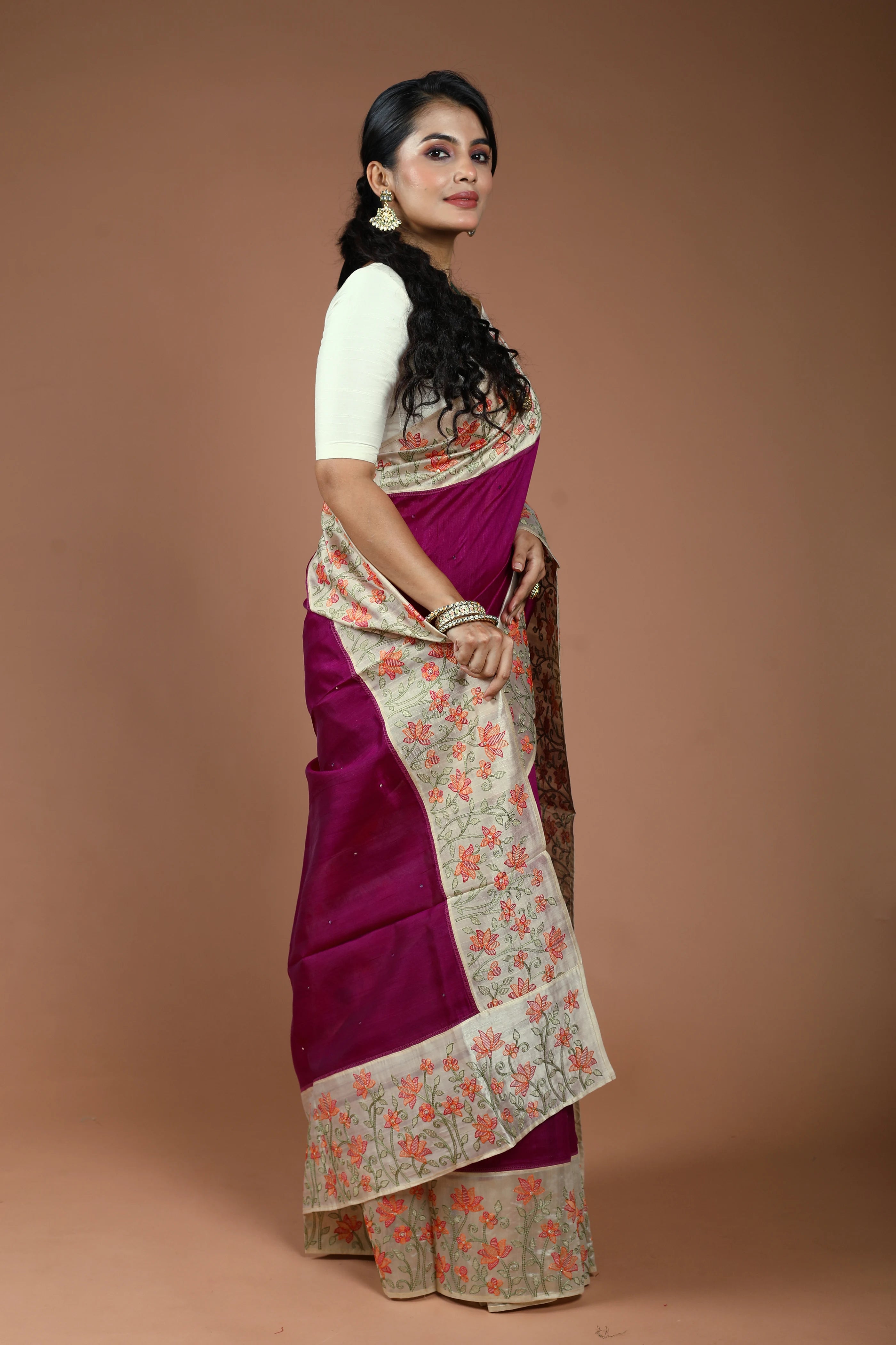 Wine Semi Tussar Embroidery Saree With Blouse Piece