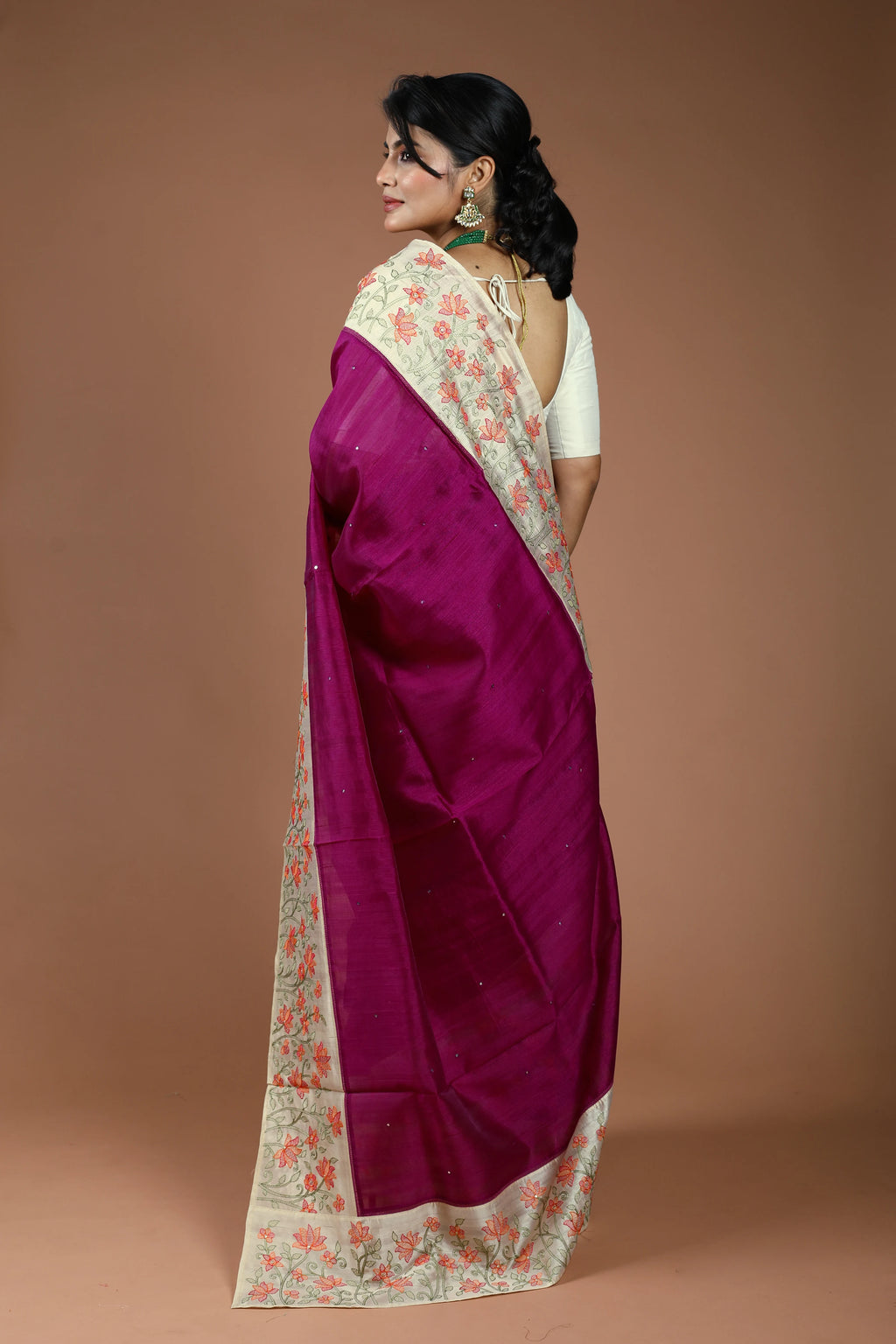 Wine Semi Tussar Embroidery Saree With Blouse Piece