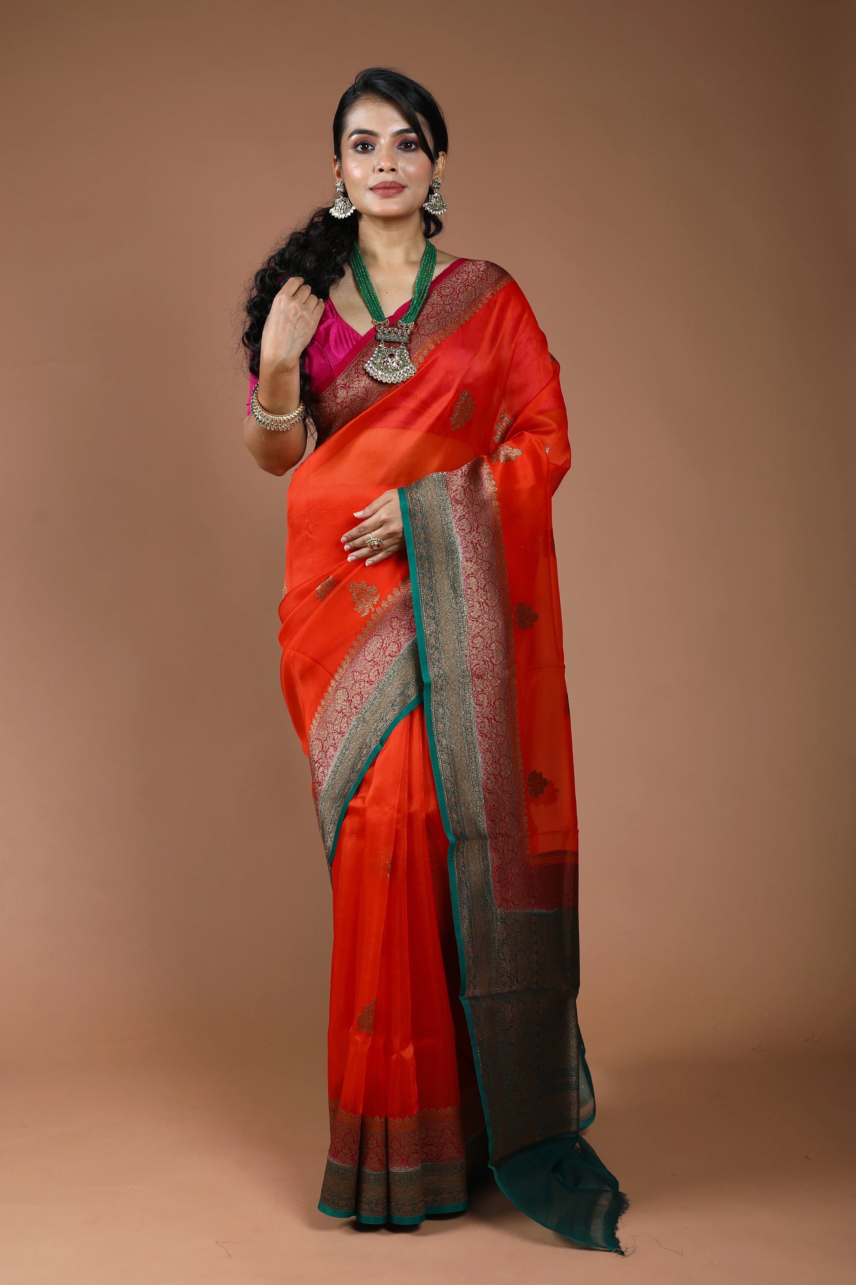 Orange Pure Kora Banarasi Saree With Blouse Piece