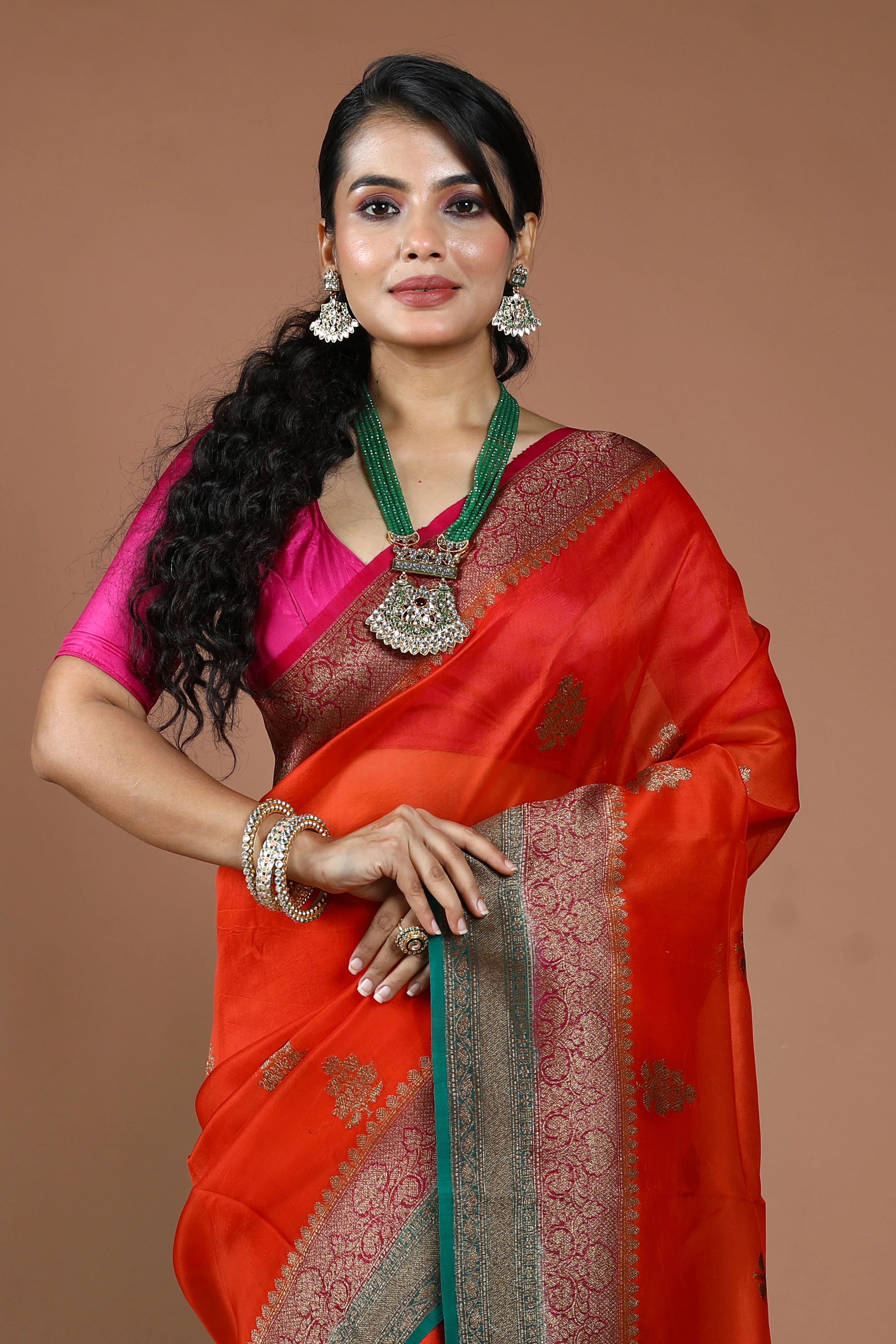Orange Pure Kora Banarasi Saree With Blouse Piece