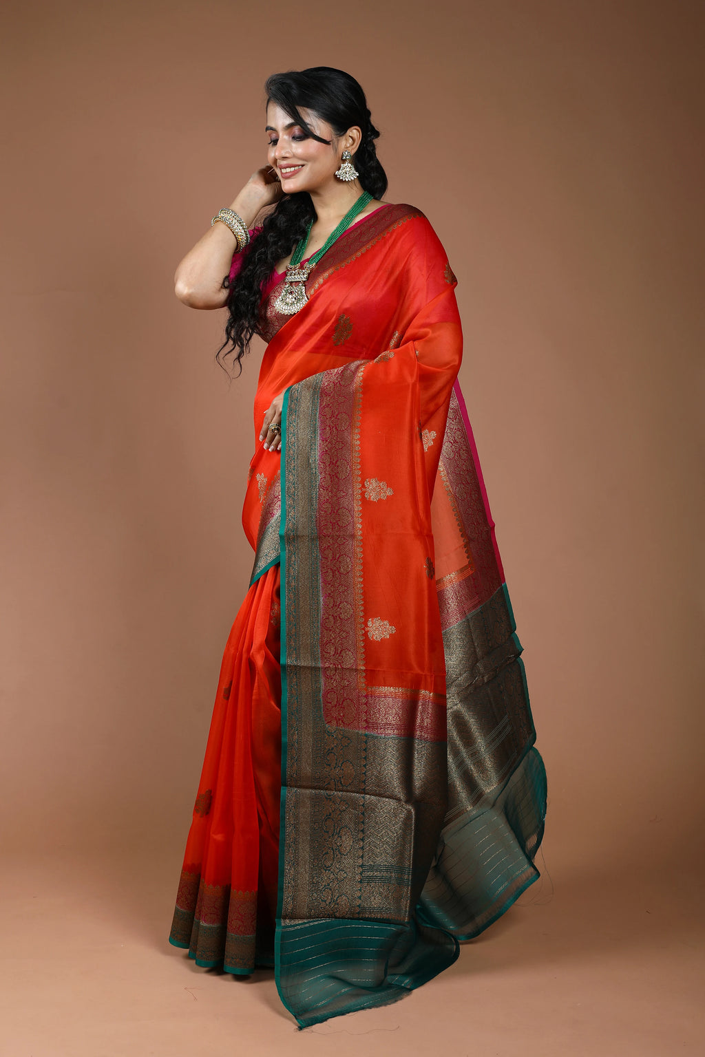 Orange Pure Kora Banarasi Saree With Blouse Piece