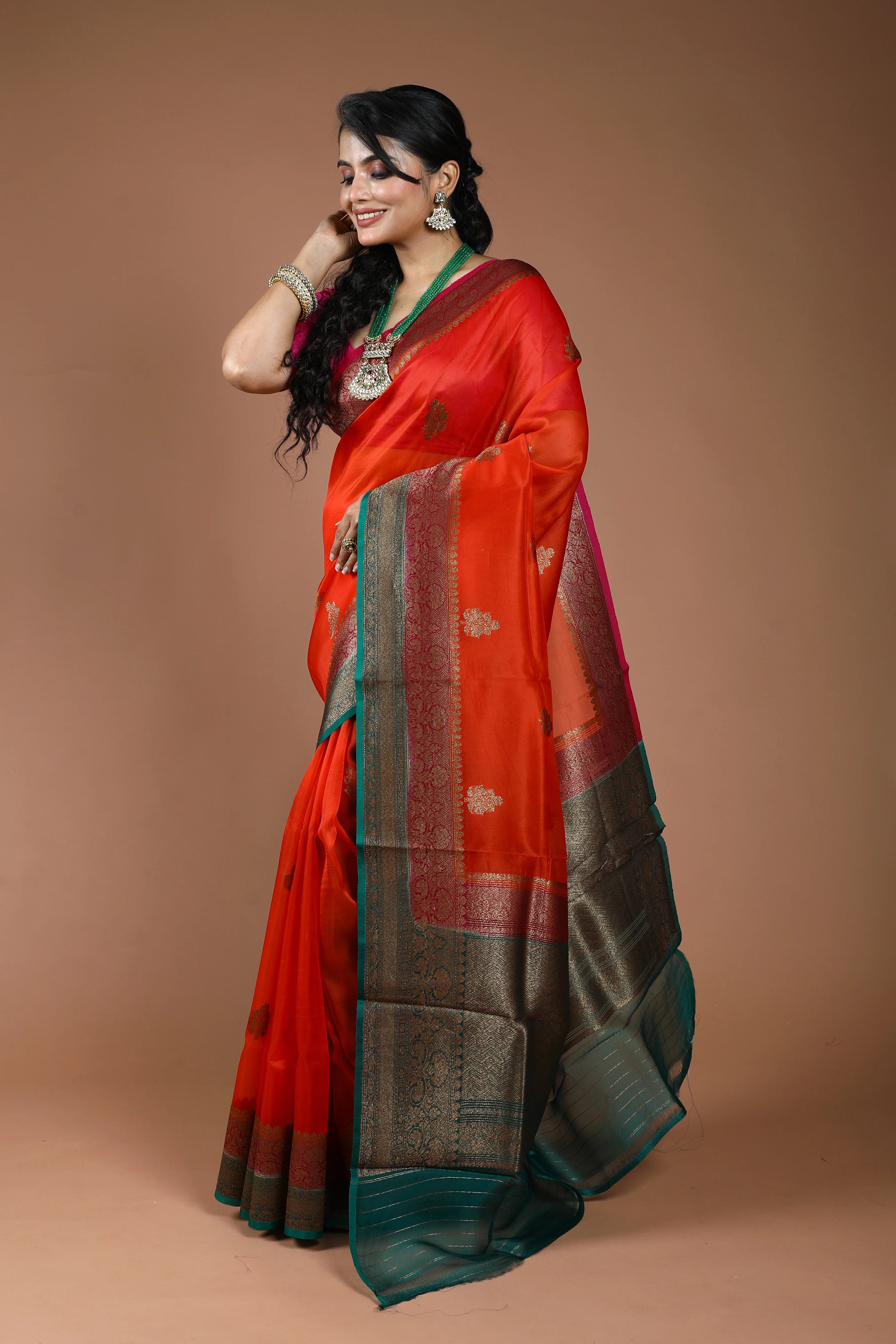 Orange Pure Kora Banarasi Saree With Blouse Piece