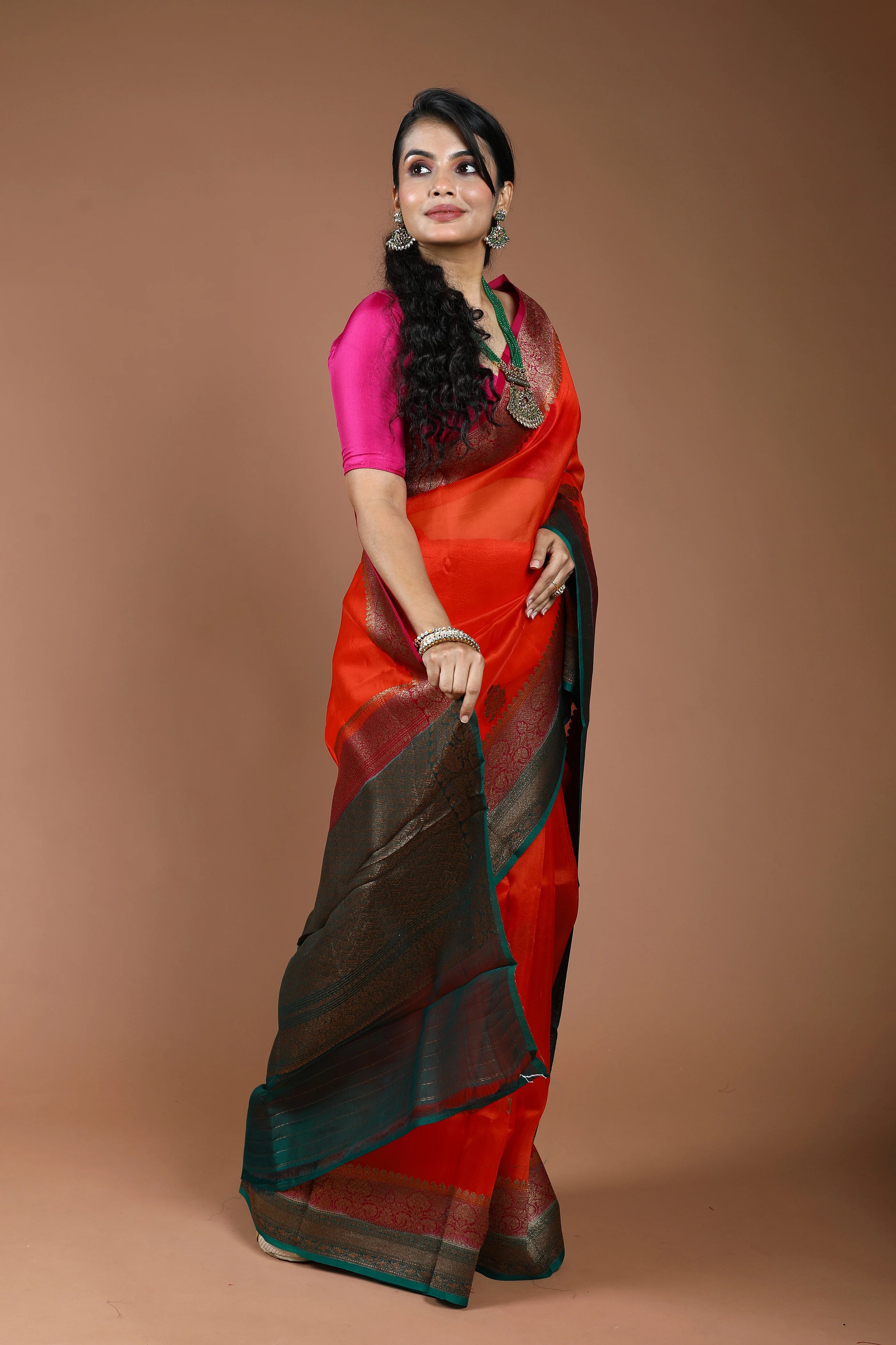 Orange Pure Kora Banarasi Saree With Blouse Piece