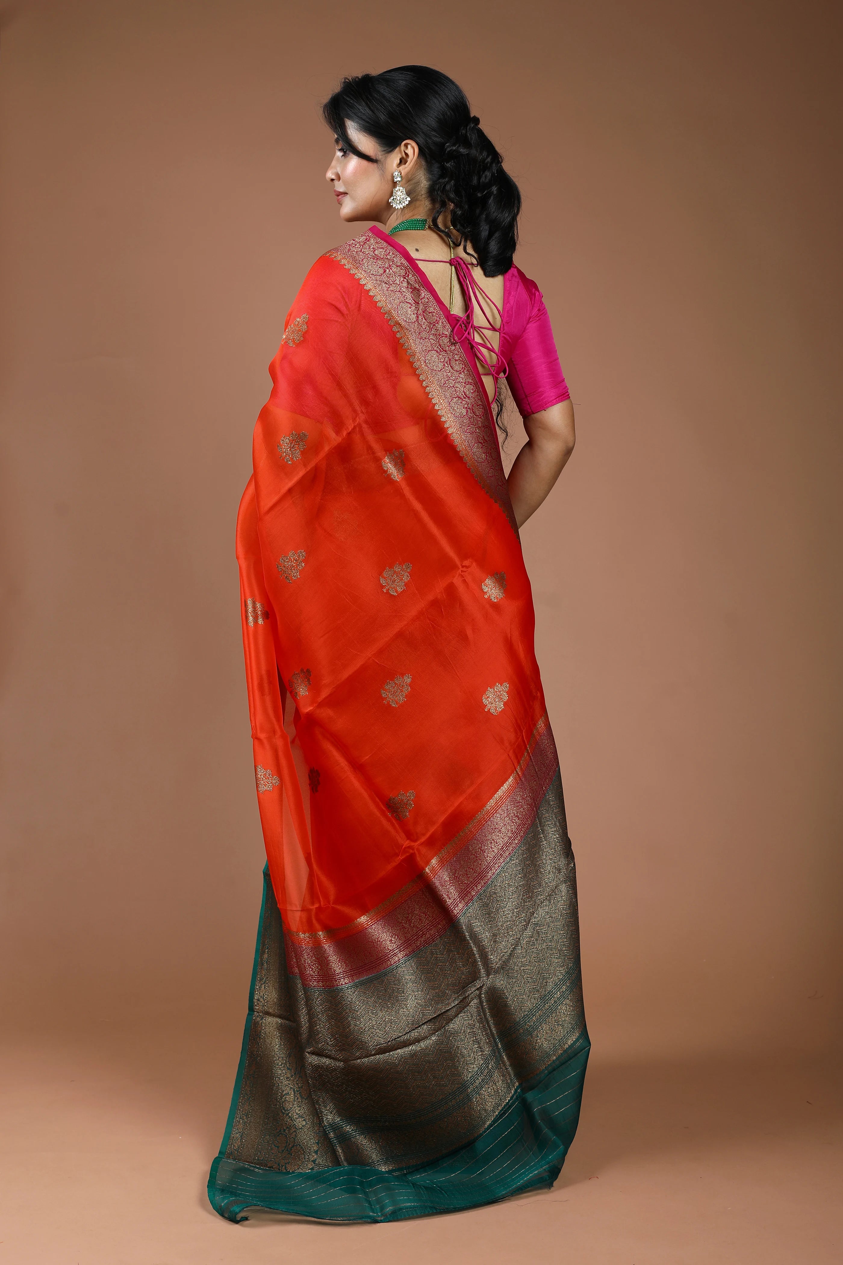Orange Pure Kora Banarasi Saree With Blouse Piece