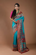 Teal Blue Semi Kani Silk Saree With Blouse Piece