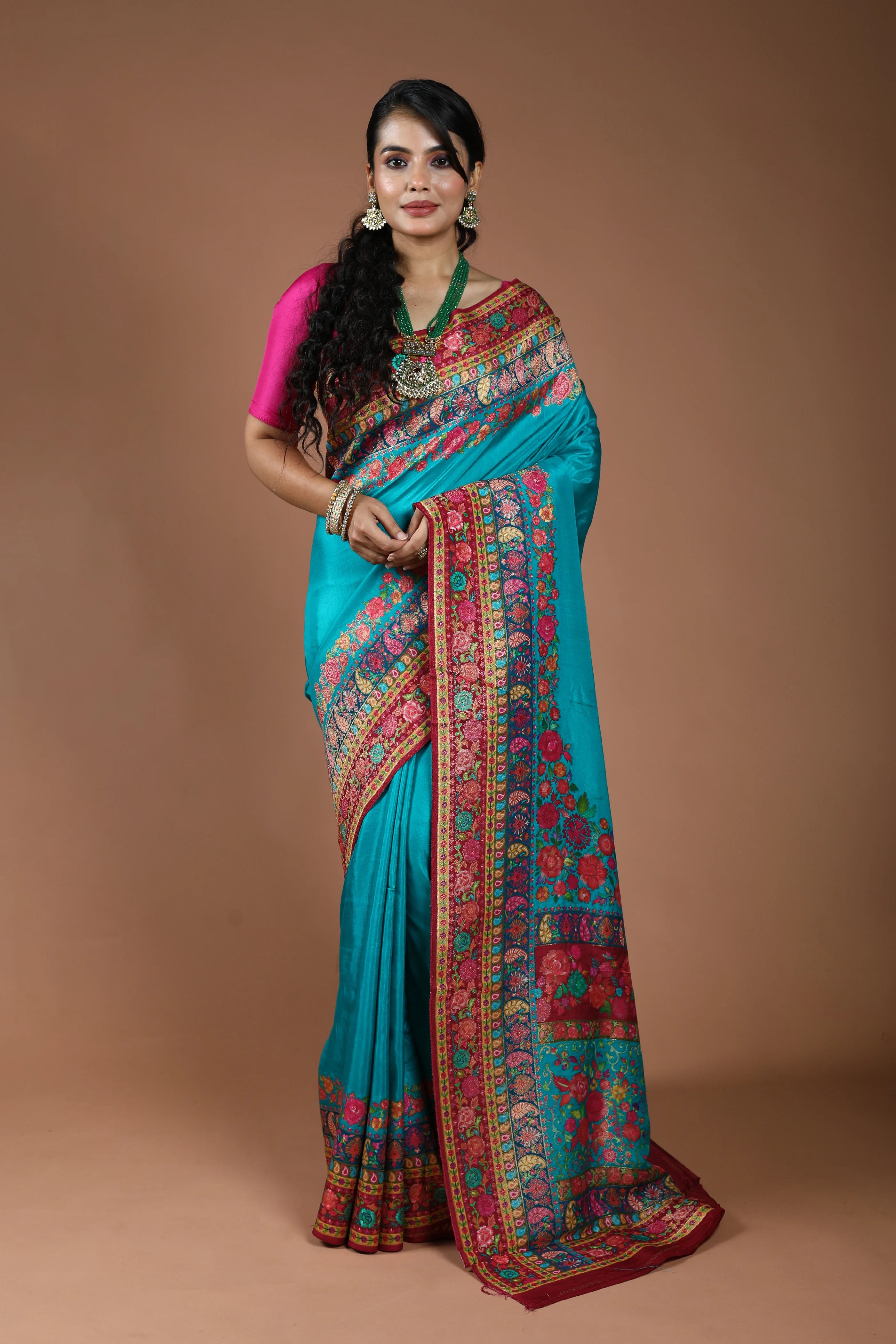 Teal Blue Semi Kani Silk Saree With Blouse Piece