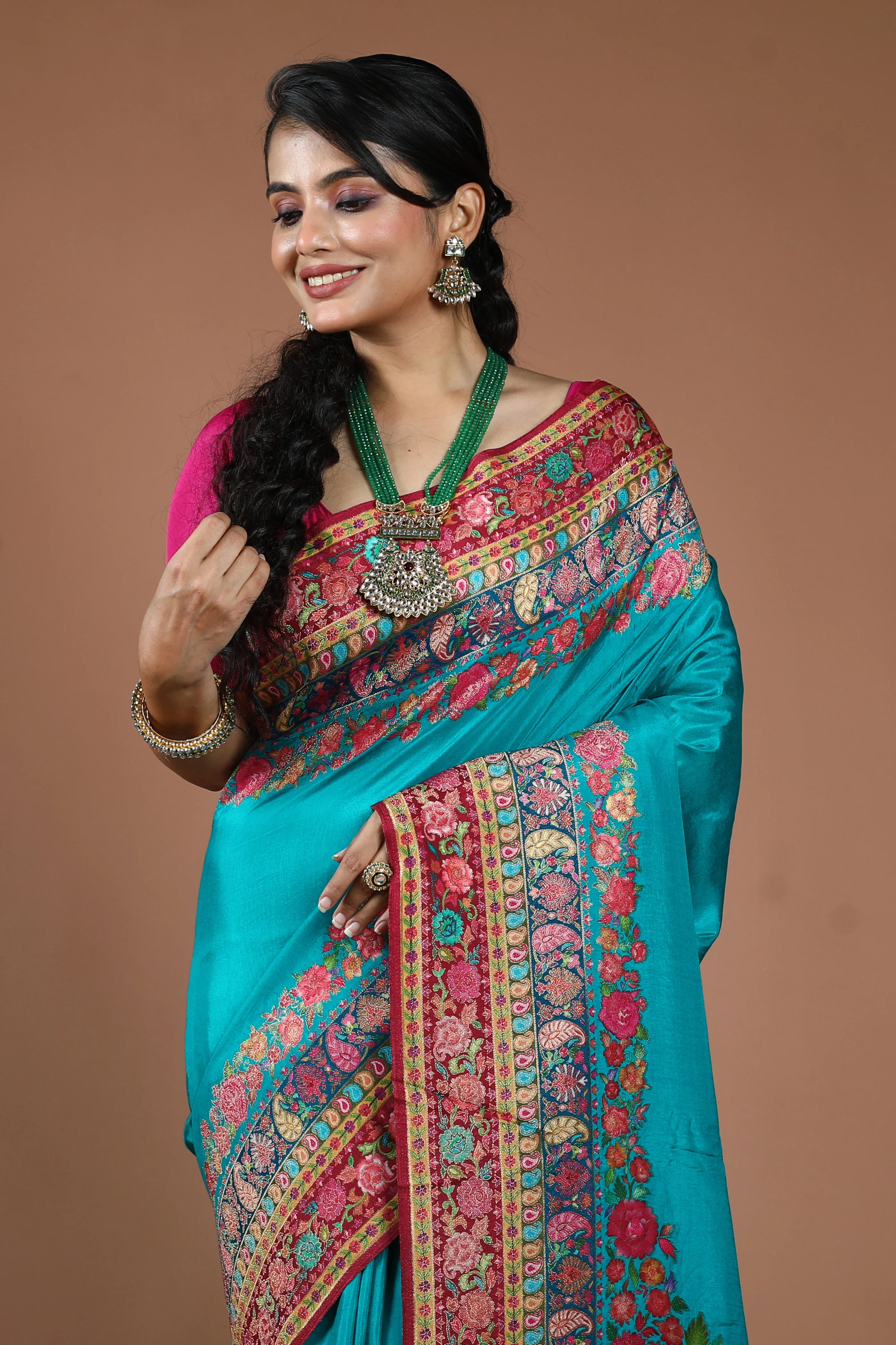 Teal Blue Semi Kani Silk Saree With Blouse Piece