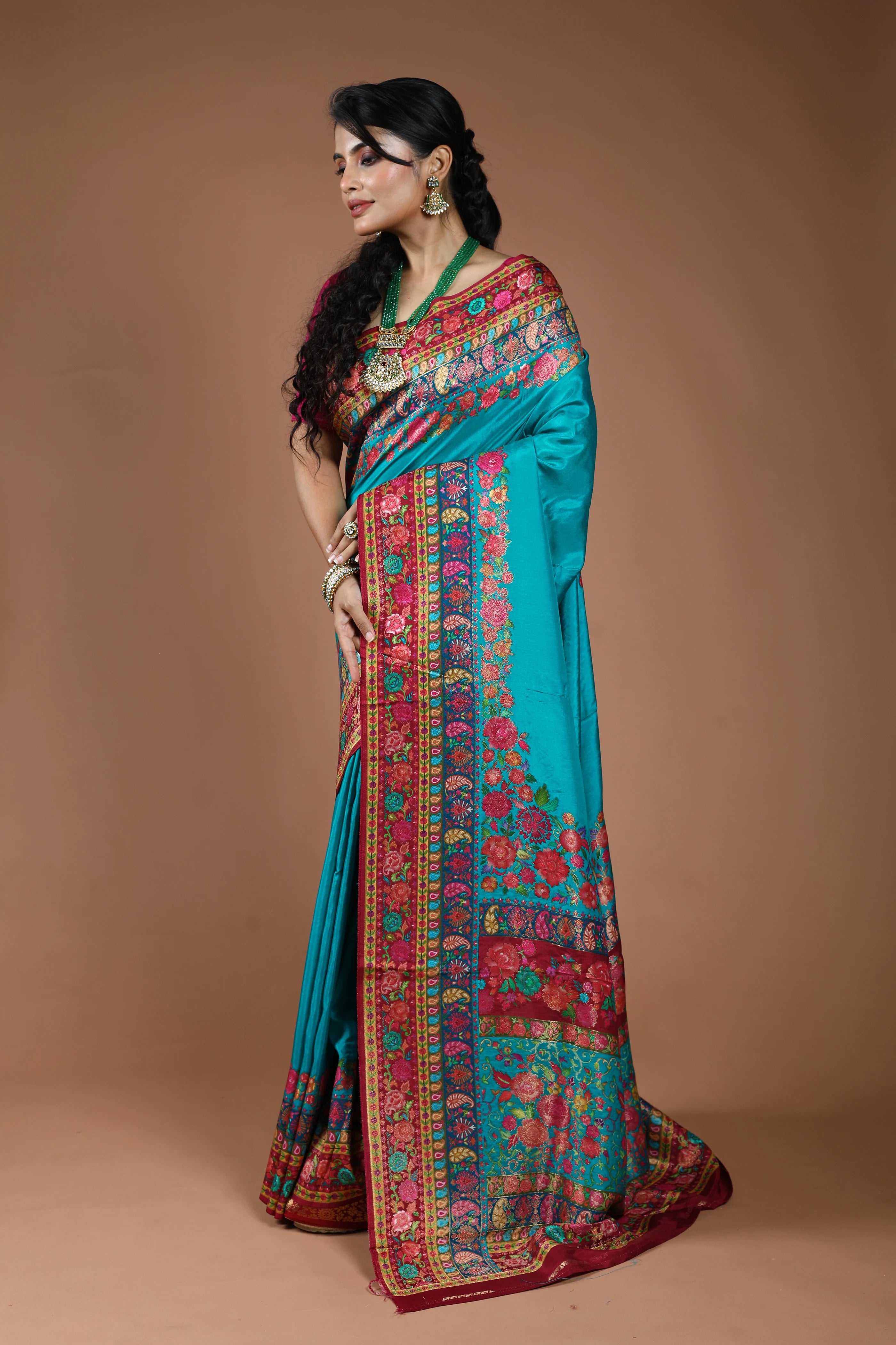 Teal Blue Semi Kani Silk Saree With Blouse Piece