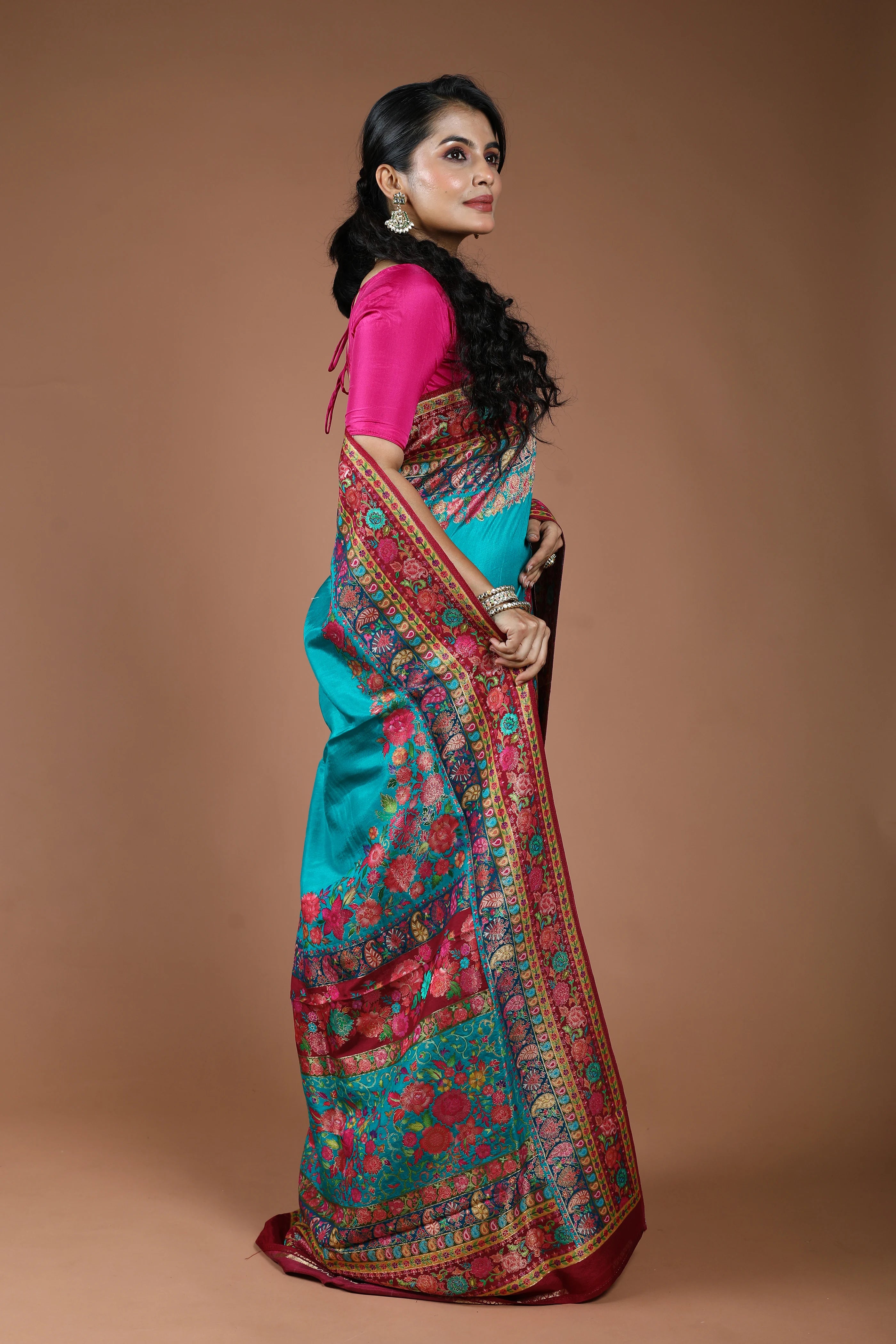 Teal Blue Semi Kani Silk Saree With Blouse Piece