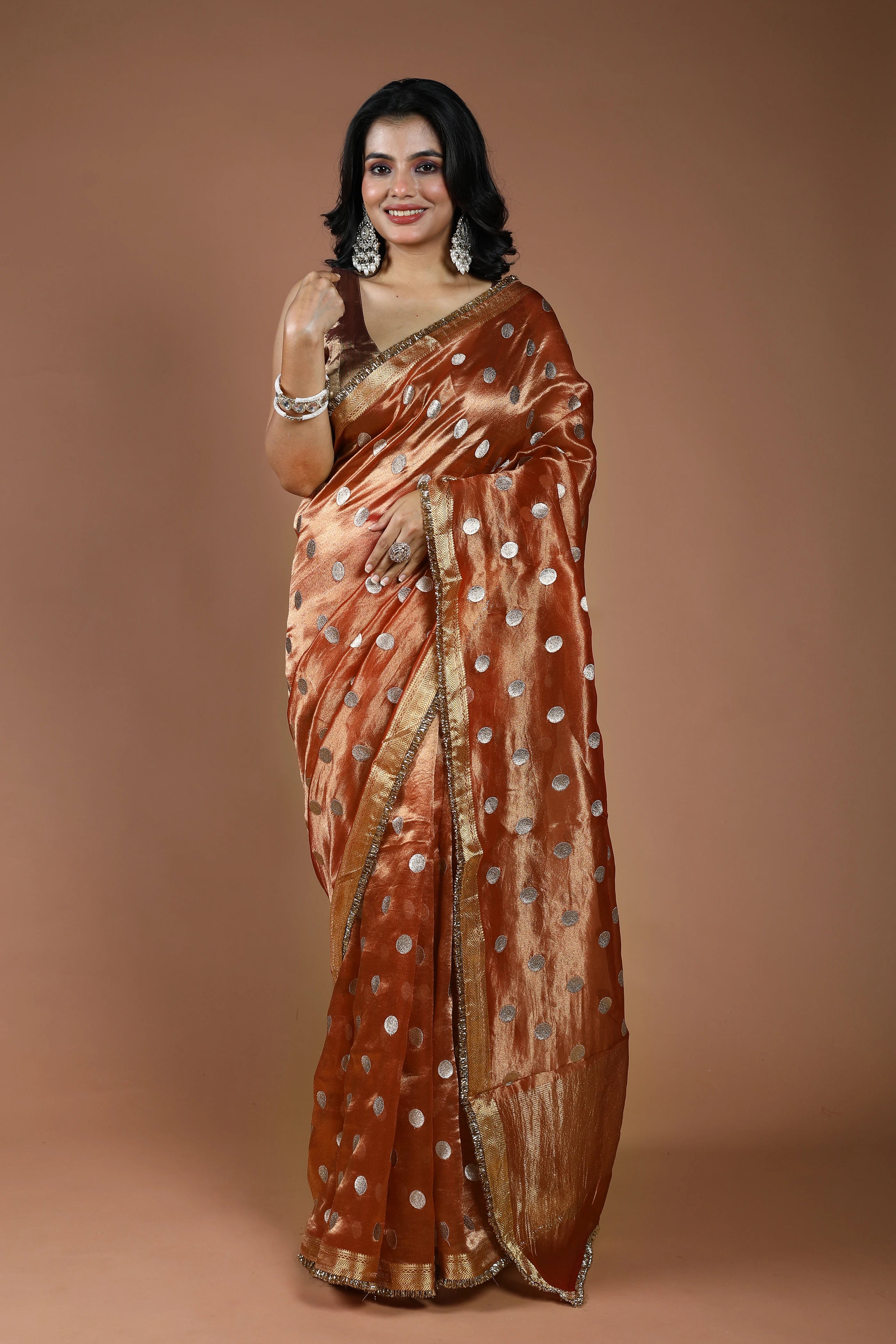 Copper Pure Tissue Banarasi Saree With Blouse Piece