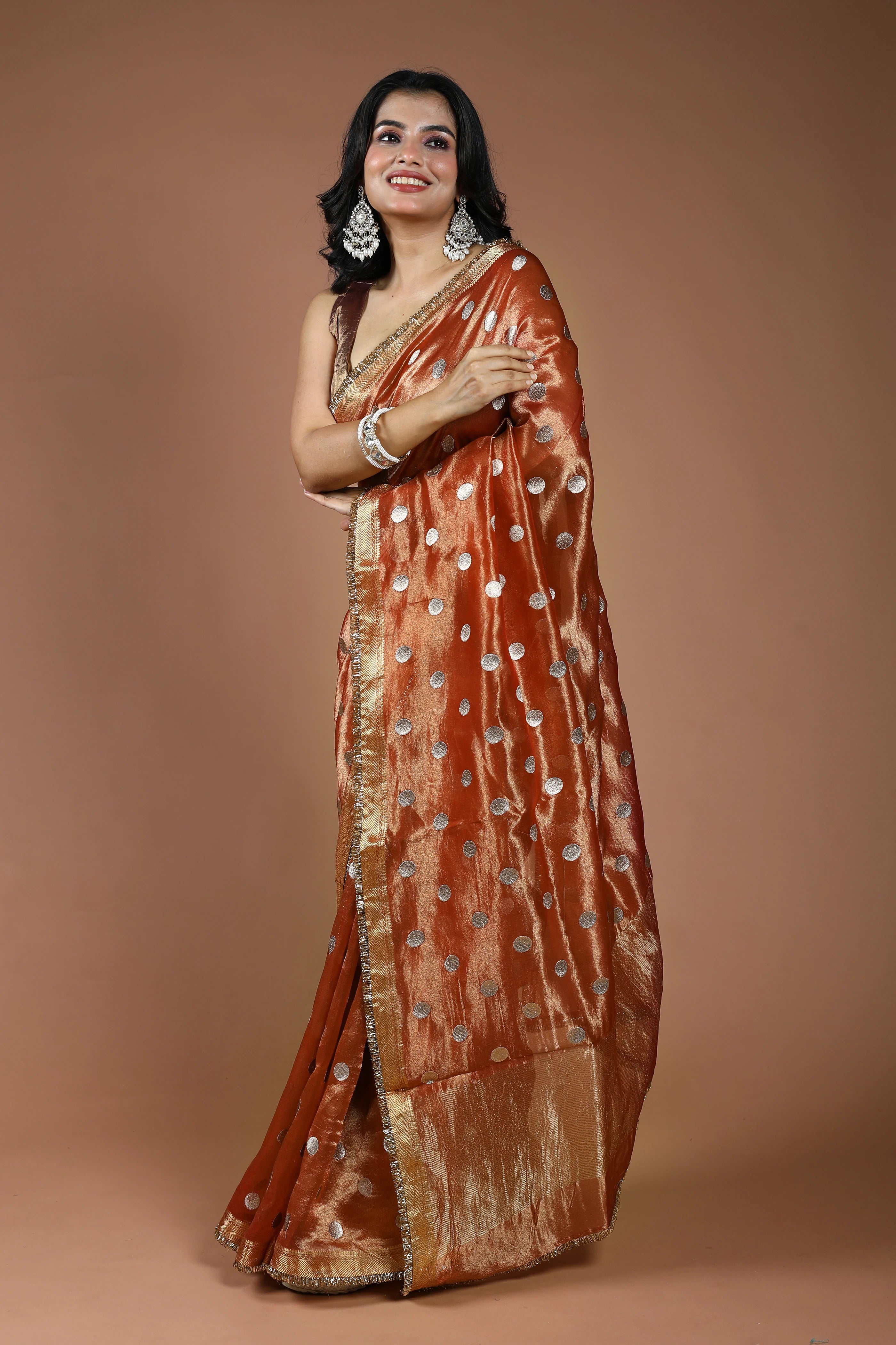 Copper Pure Tissue Banarasi Saree With Blouse Piece