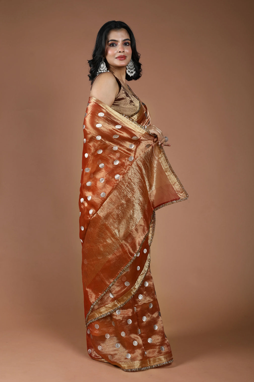 Copper Pure Tissue Banarasi Saree With Blouse Piece