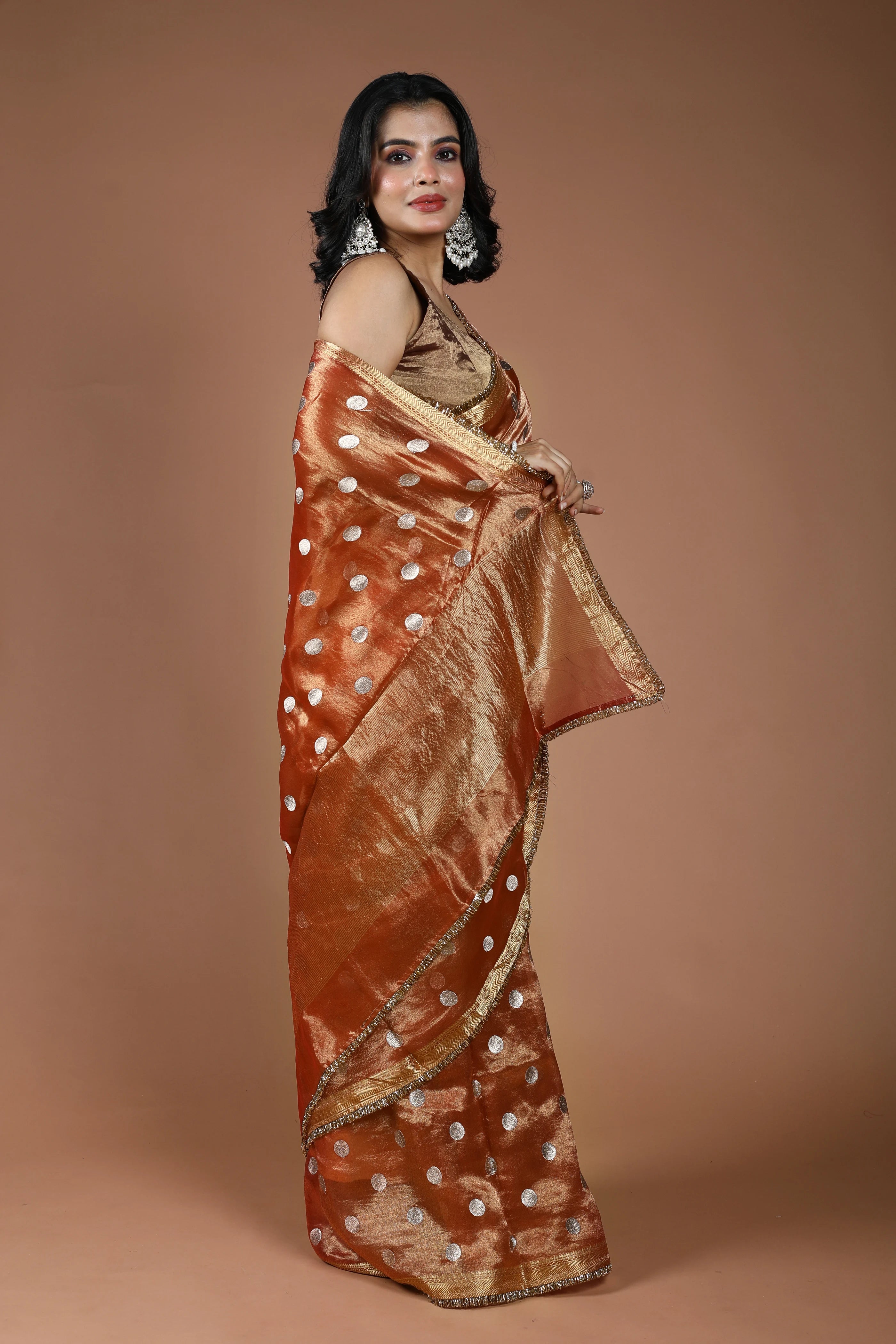 Copper Pure Tissue Banarasi Saree With Blouse Piece