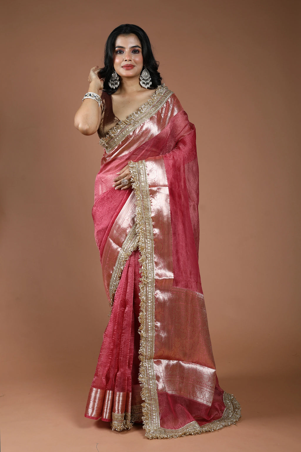 Blush Pink Pure Crush Tissue Banarasi Saree With Blouse Piece