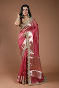 Blush Pink Pure Crush Tissue Banarasi Saree With Blouse Piece