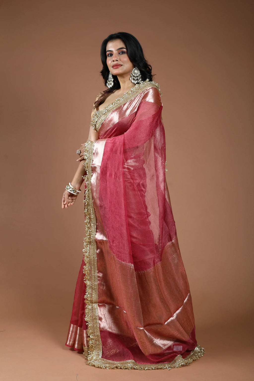 Blush Pink Pure Crush Tissue Banarasi Saree With Blouse Piece
