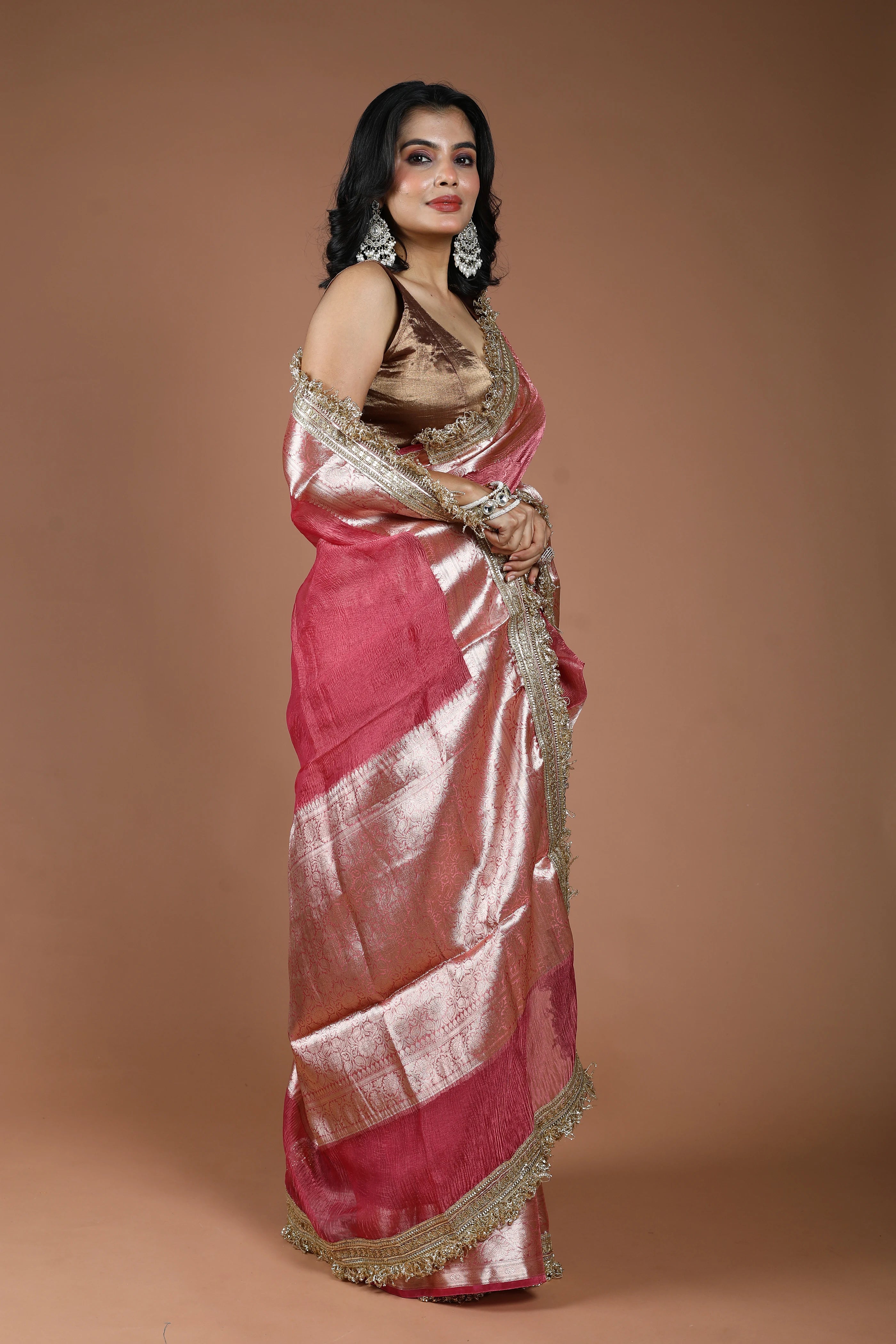 Blush Pink Pure Crush Tissue Banarasi Saree With Blouse Piece