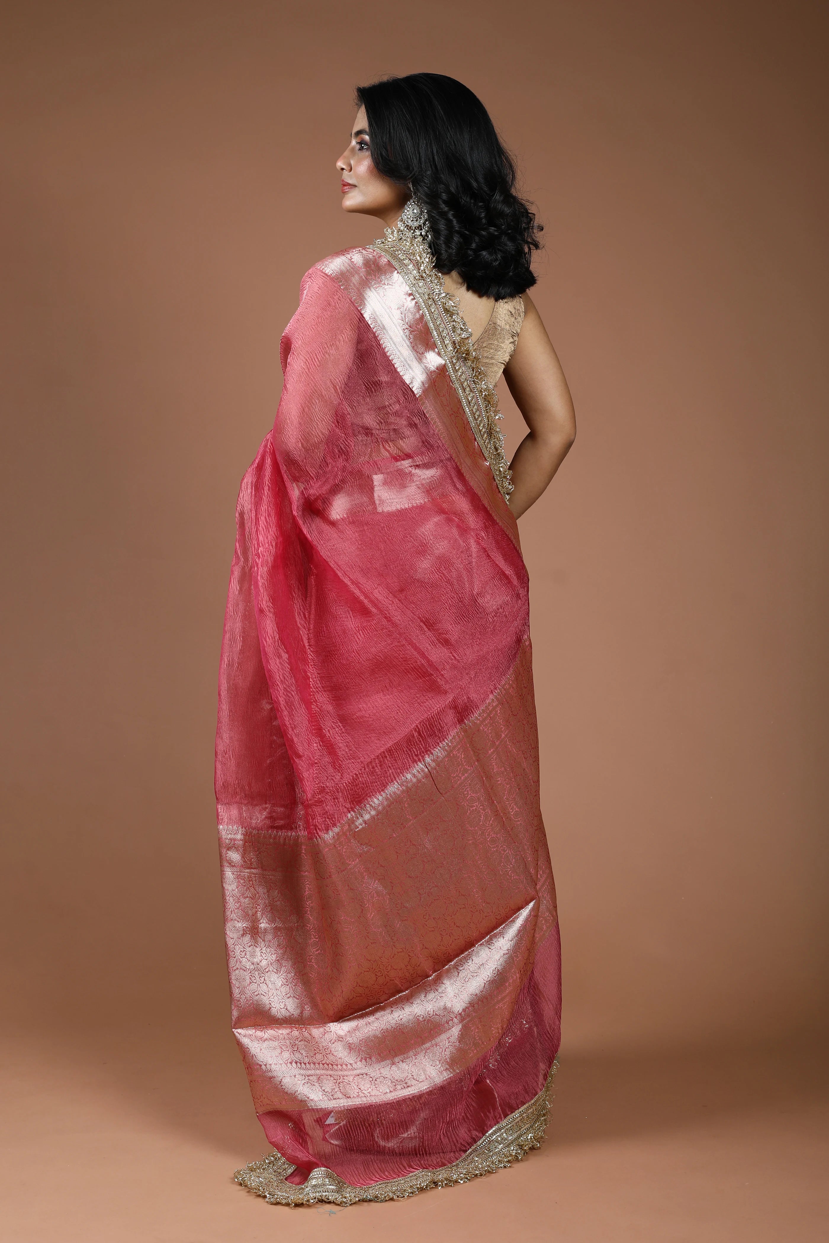Blush Pink Pure Crush Tissue Banarasi Saree With Blouse Piece