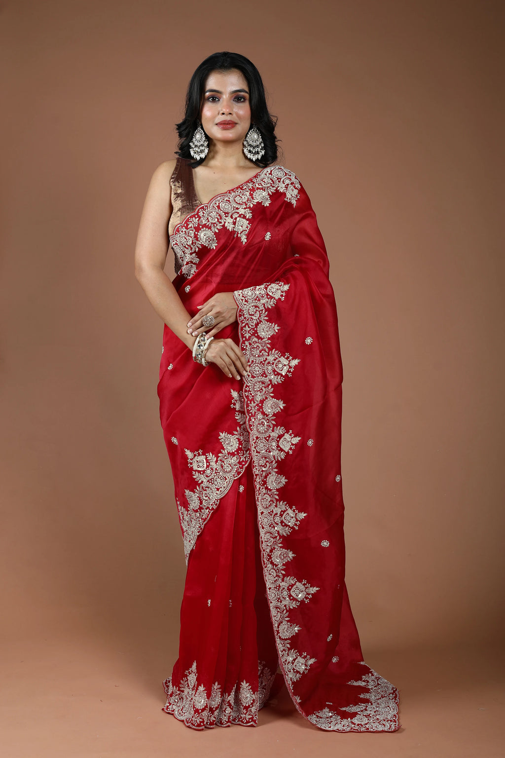 Red Organza Zardosi Work Saree With Blouse Piece