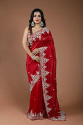 Red Organza Zardosi Work Saree With Blouse Piece