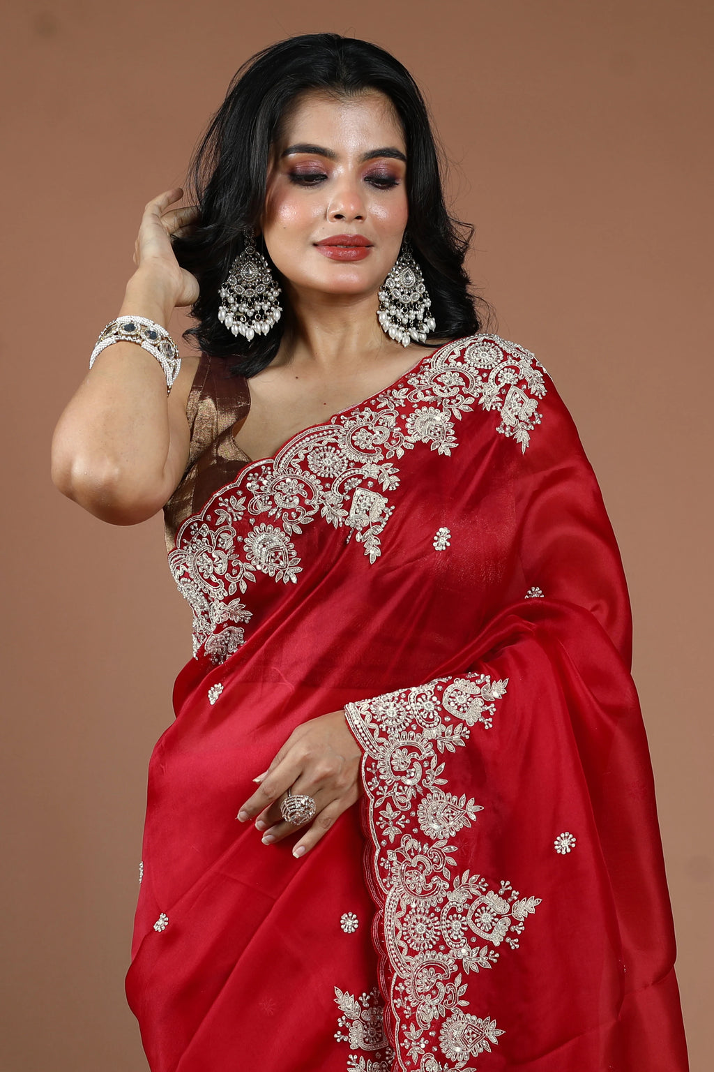 Red Organza Zardosi Work Saree With Blouse Piece