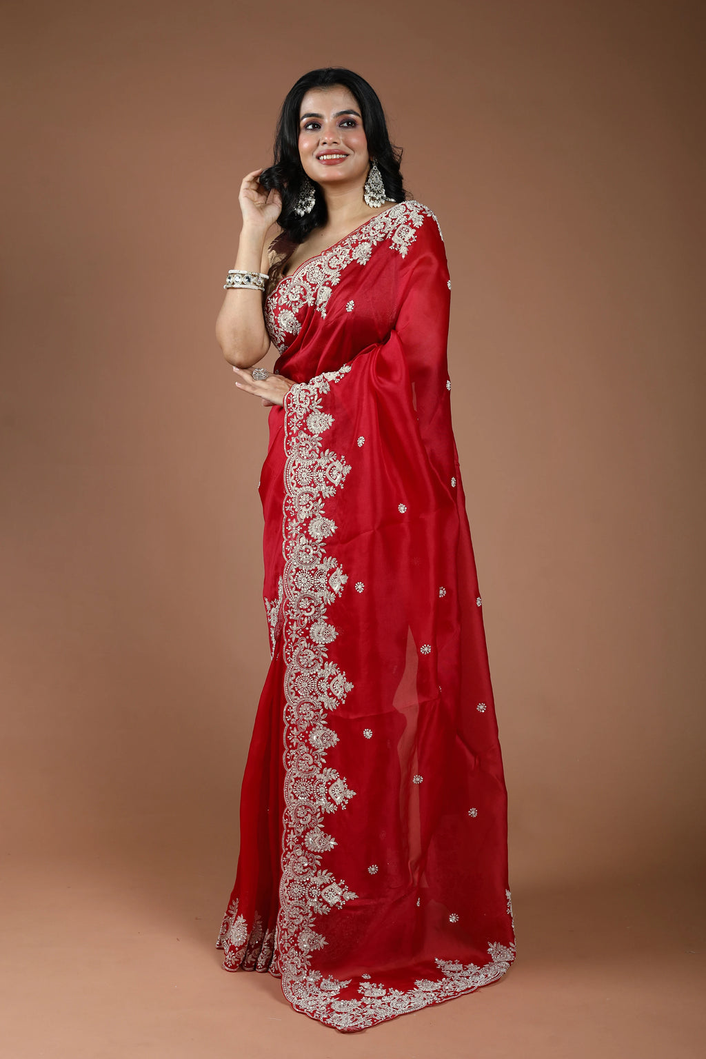Red Organza Zardosi Work Saree With Blouse Piece