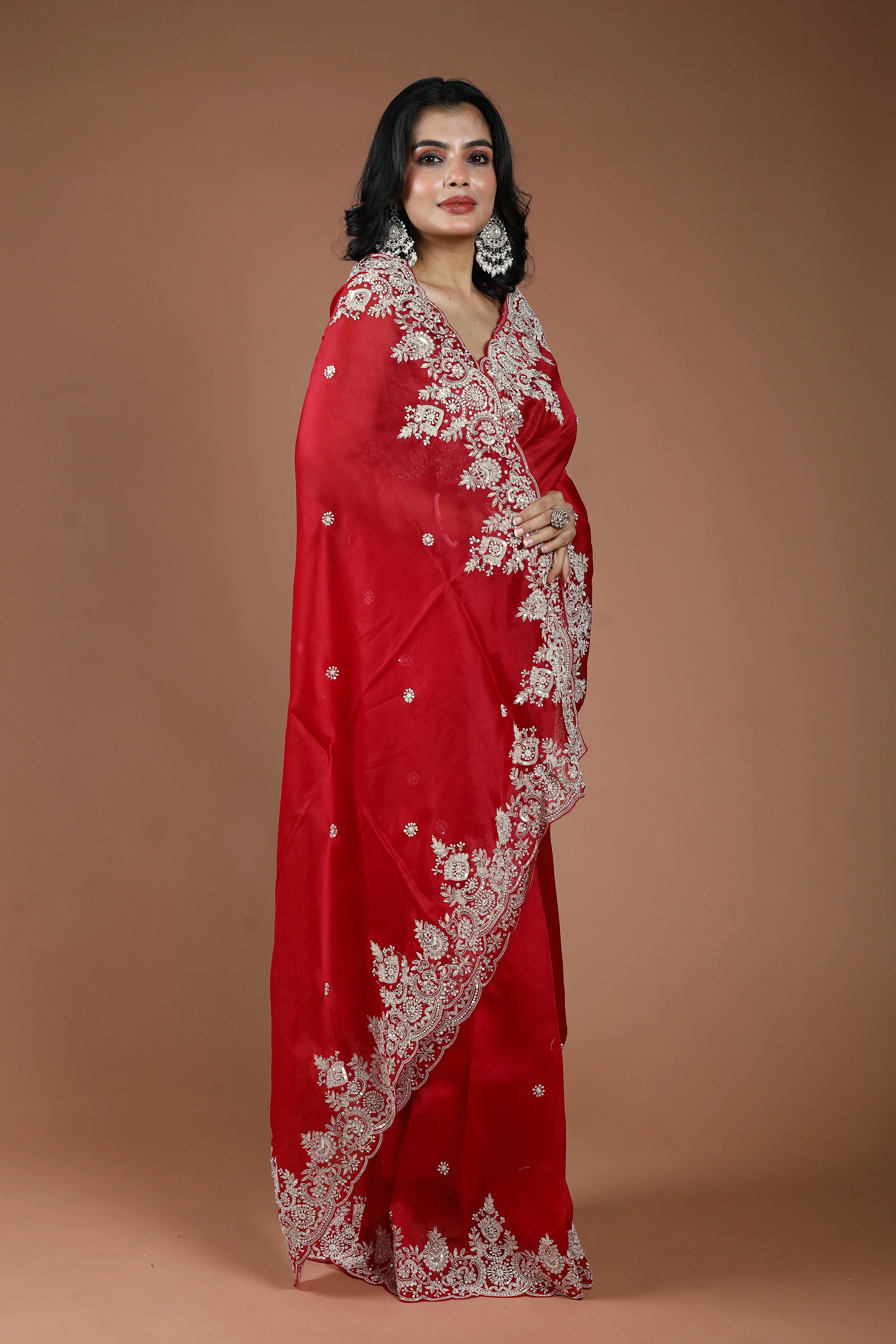 Red Organza Zardosi Work Saree With Blouse Piece