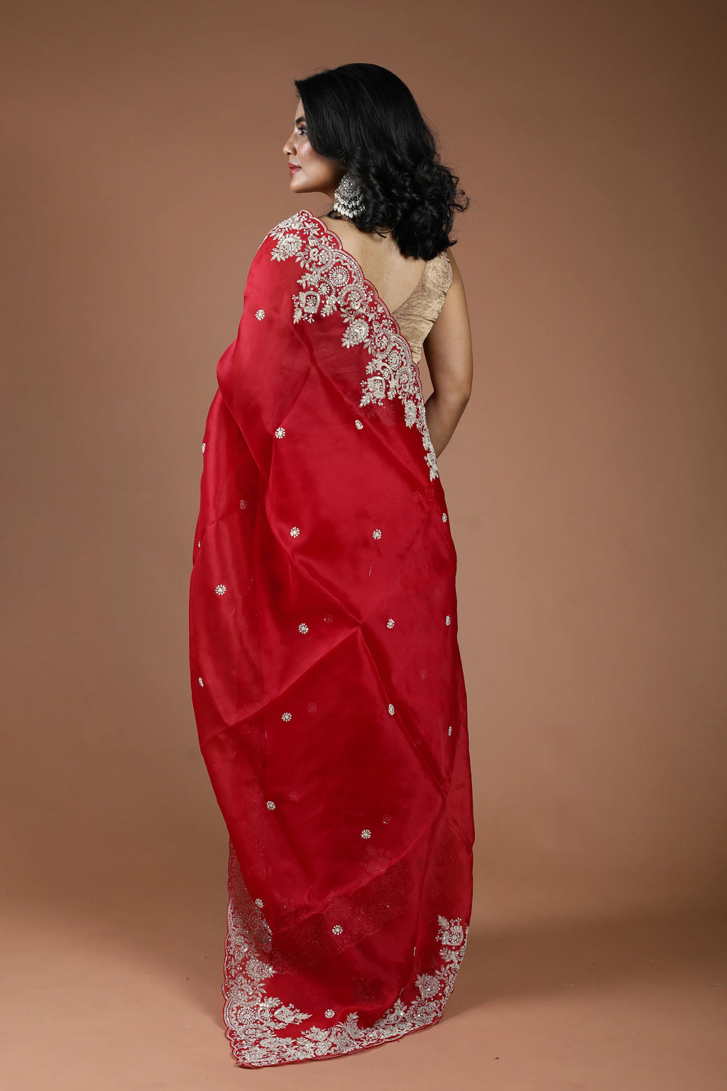 Red Organza Zardosi Work Saree With Blouse Piece