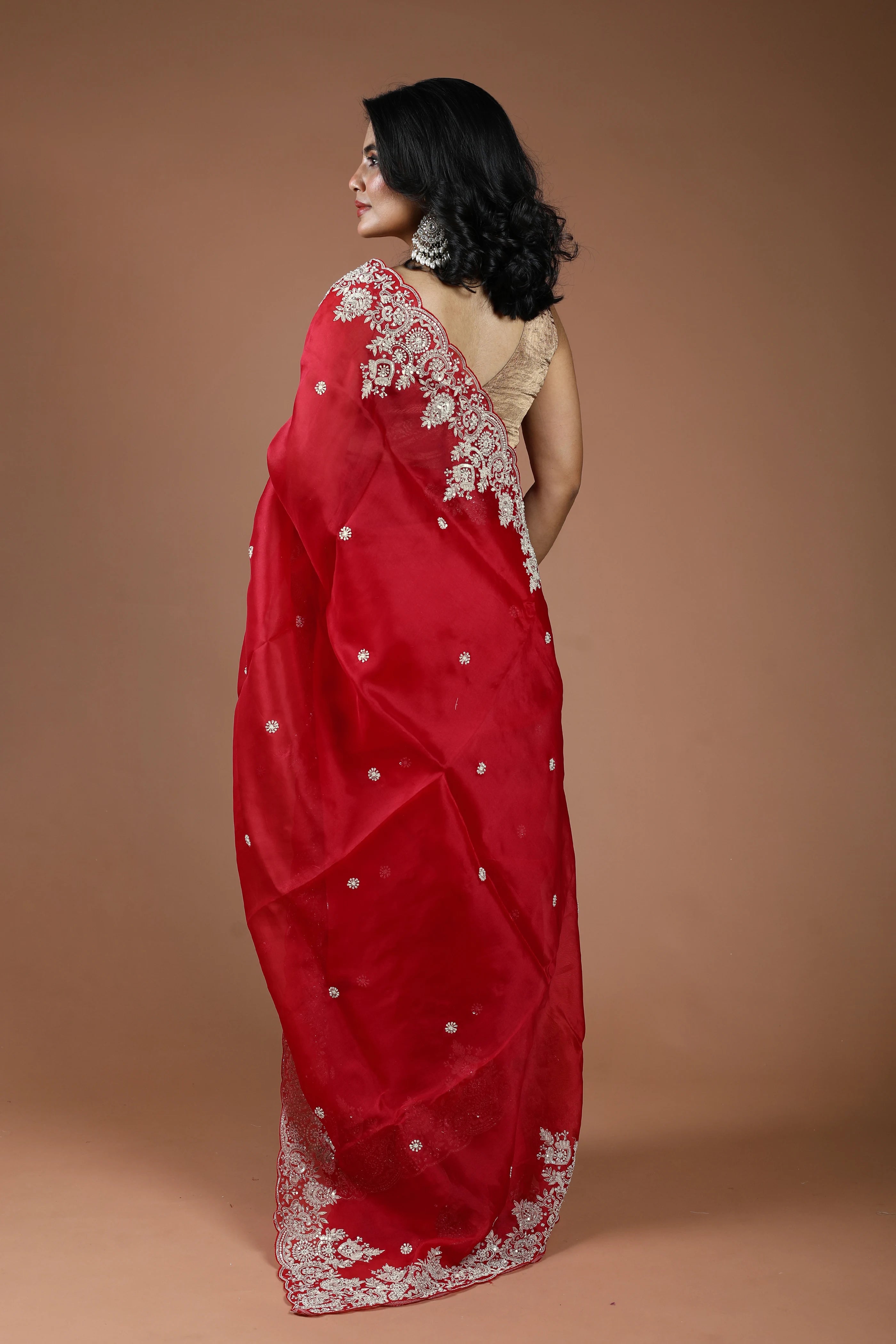 Red Organza Zardosi Work Saree With Blouse Piece