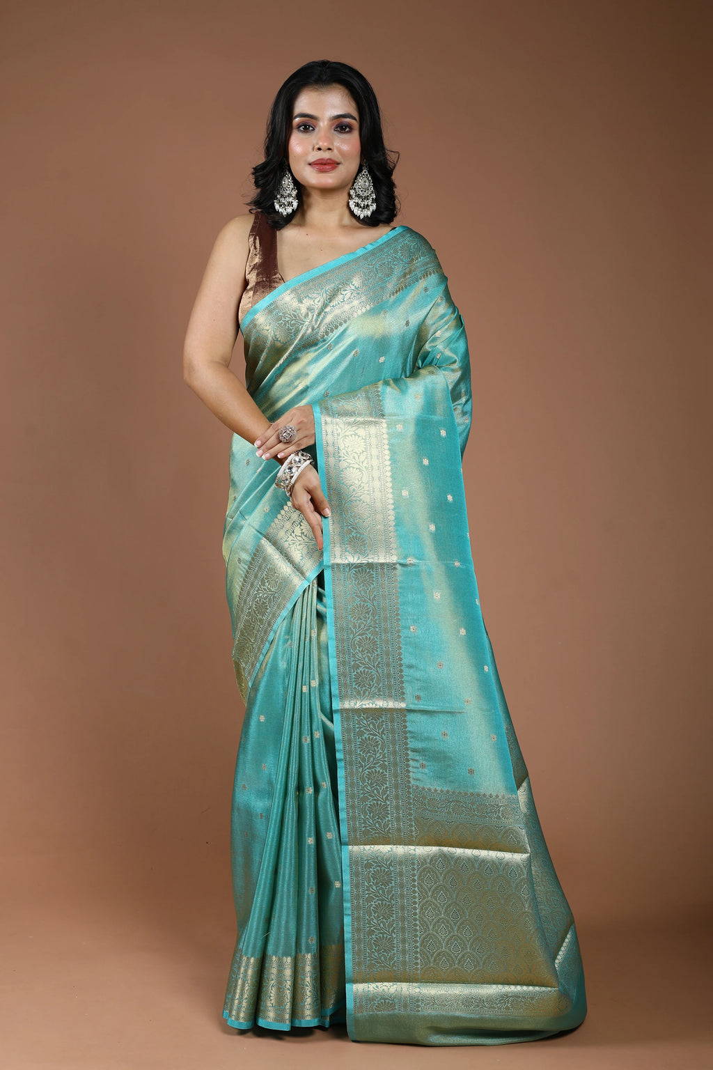 Sky Blue Semi Tissue Banarasi Saree With Blouse Piece