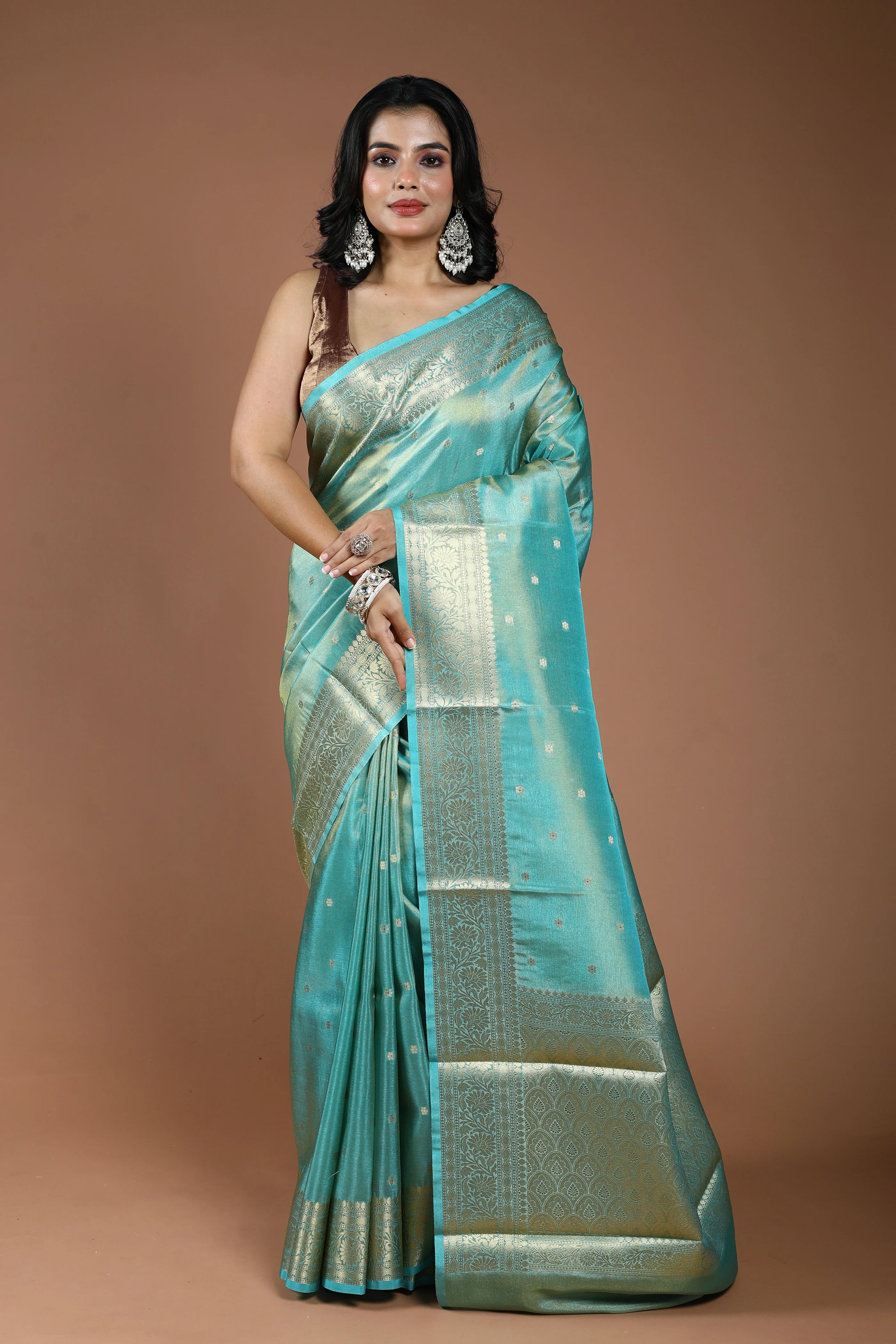 Sky Blue Semi Tissue Banarasi Saree With Blouse Piece