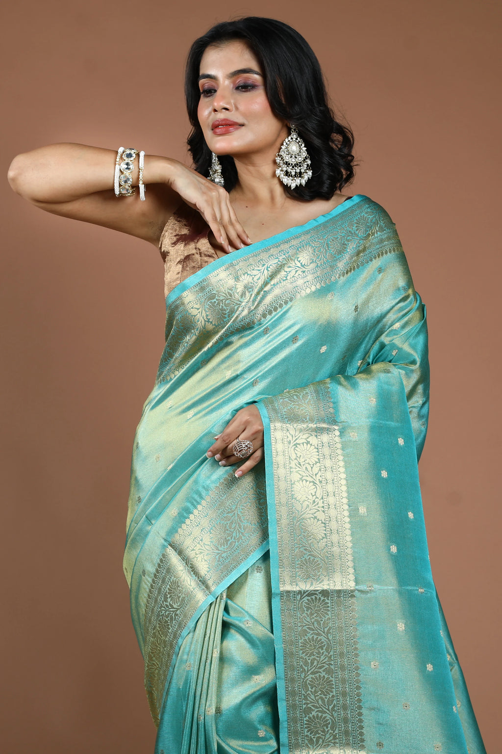 Sky Blue Semi Tissue Banarasi Saree With Blouse Piece