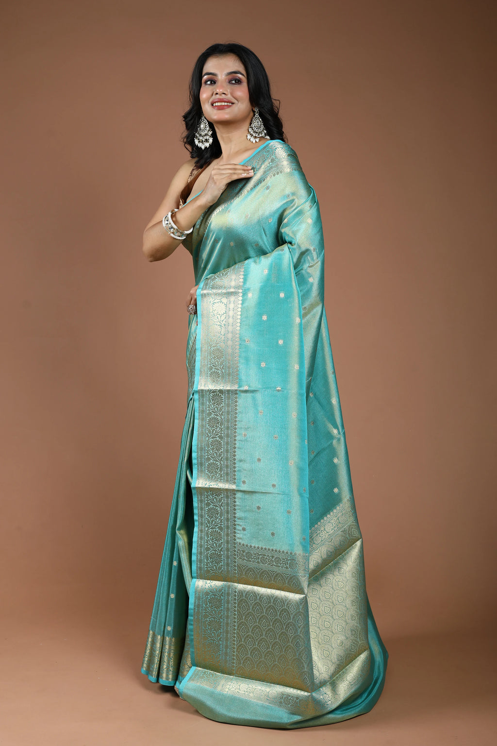 Sky Blue Semi Tissue Banarasi Saree With Blouse Piece