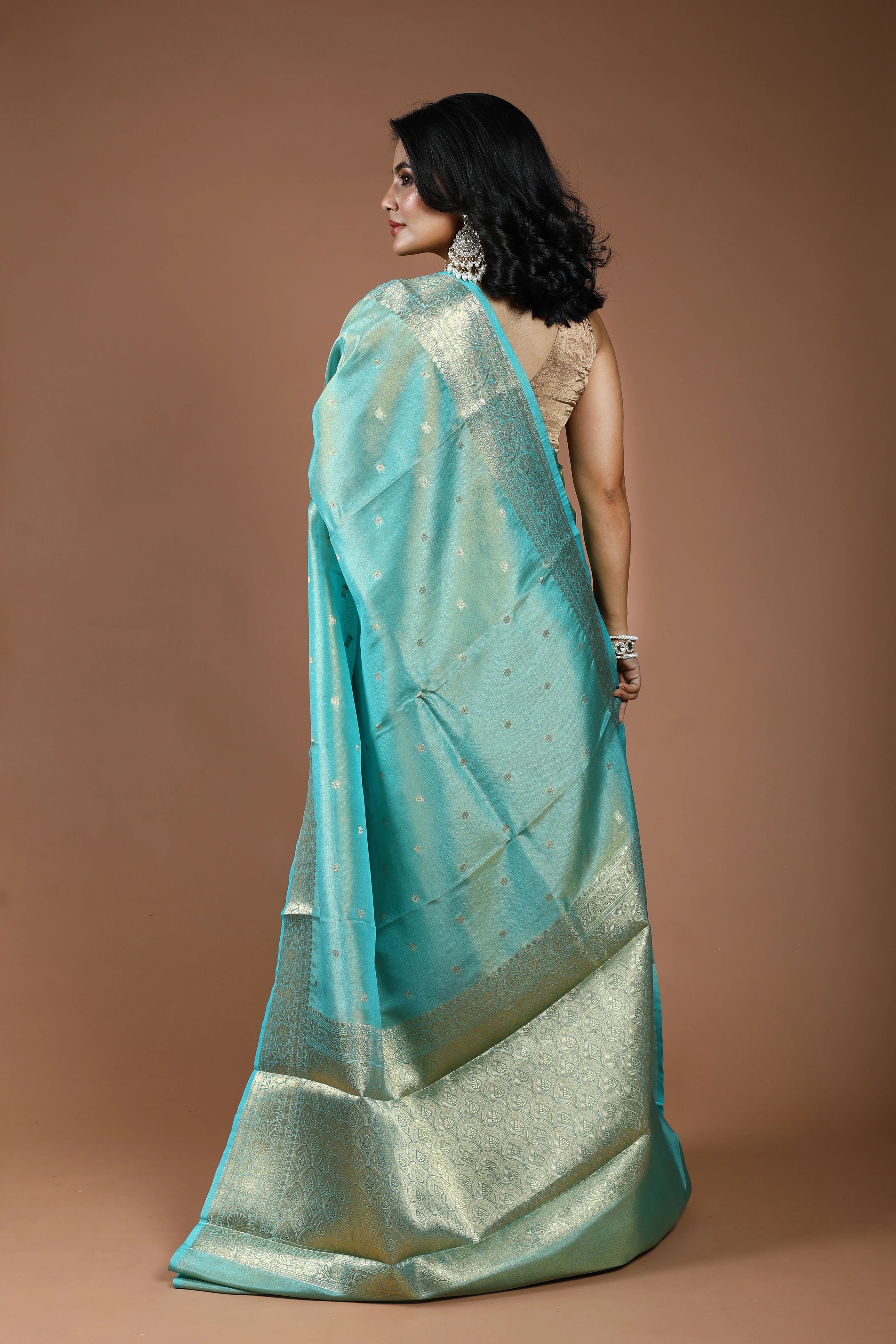 Sky Blue Semi Tissue Banarasi Saree With Blouse Piece