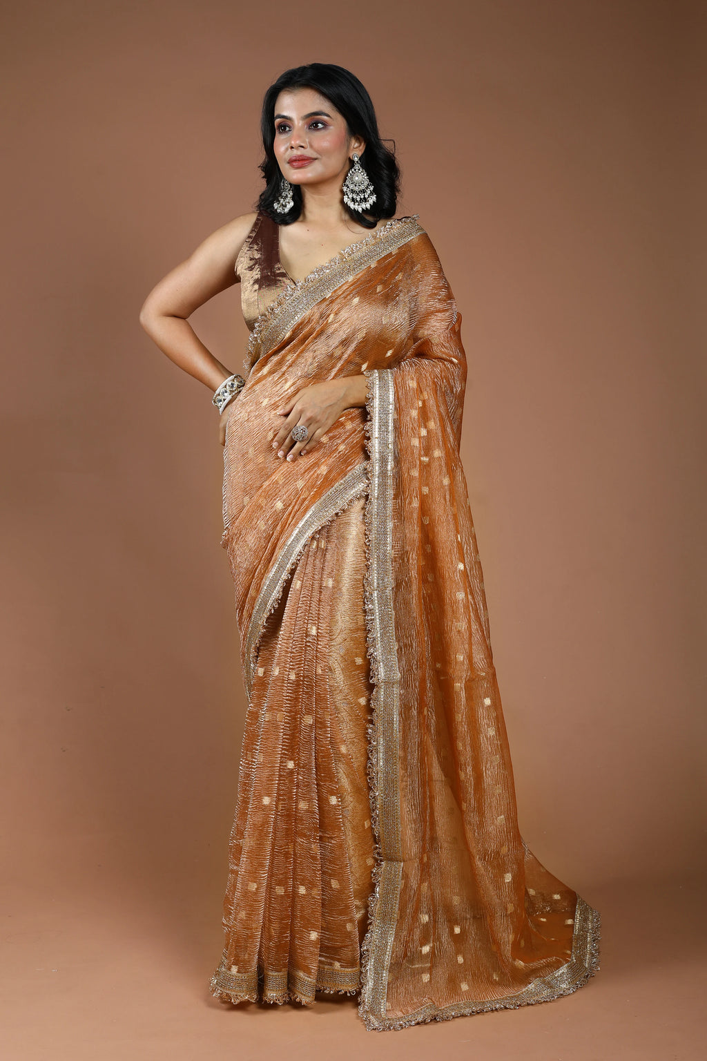 Peach Gold Pure Crush Tissue Banarasi Saree With Blouse Piece