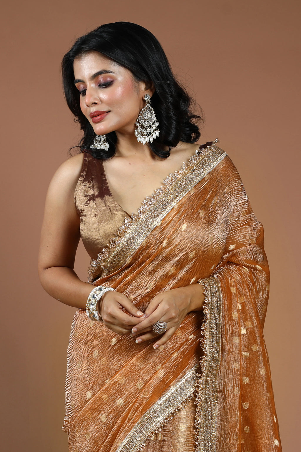 Peach Gold Pure Crush Tissue Banarasi Saree With Blouse Piece