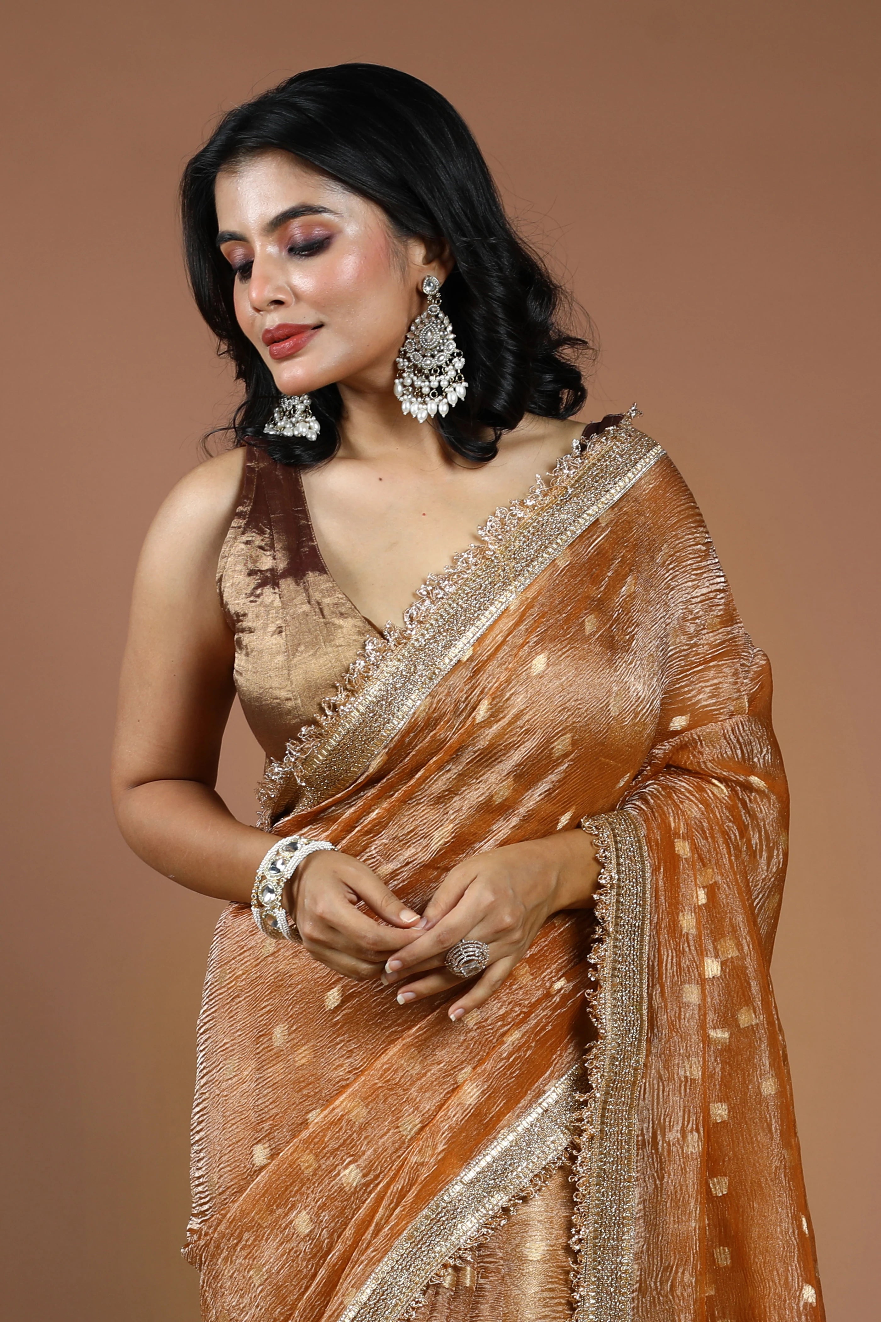 Peach Gold Pure Crush Tissue Banarasi Saree With Blouse Piece