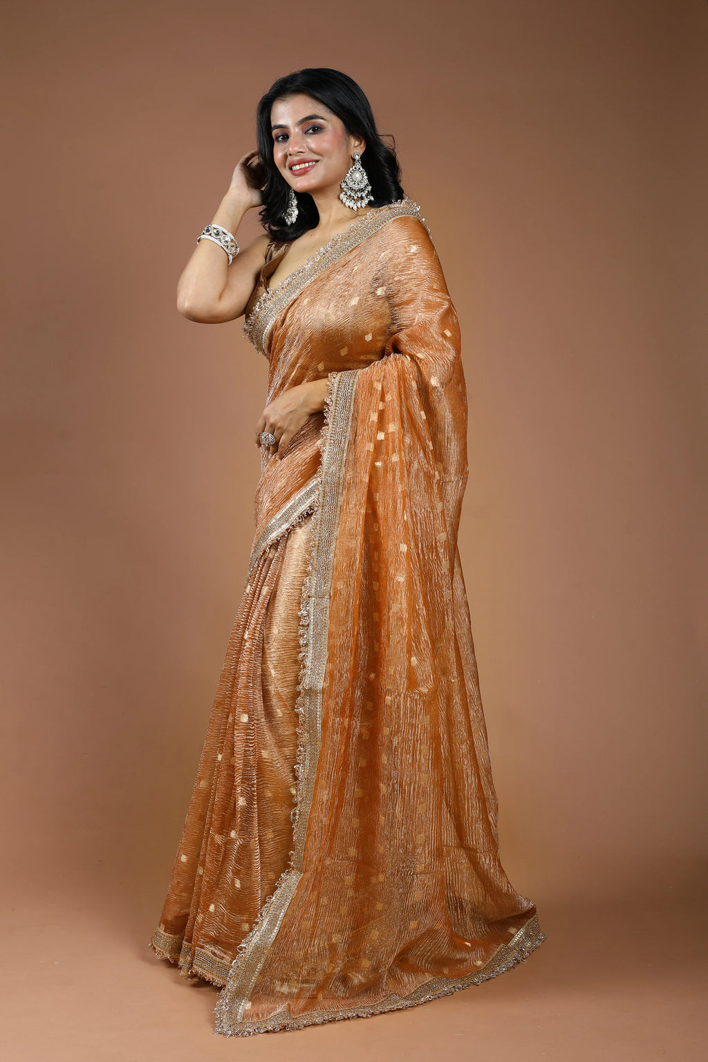 Peach Gold Pure Crush Tissue Banarasi Saree With Blouse Piece