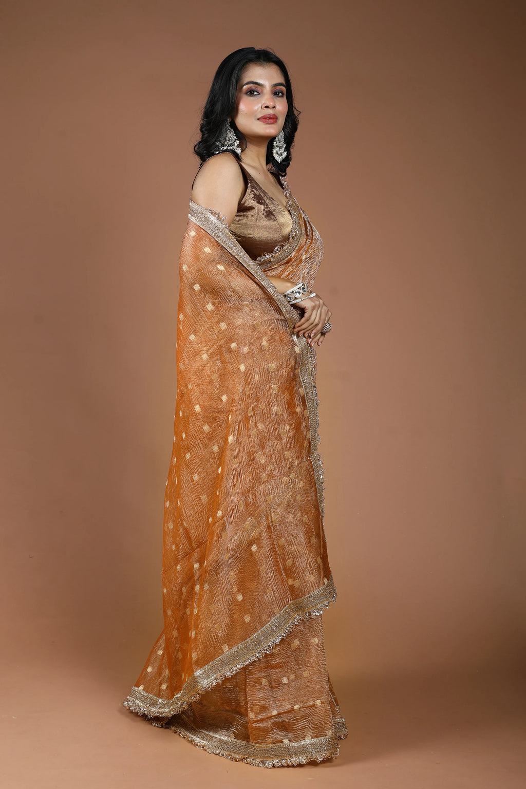 Peach Gold Pure Crush Tissue Banarasi Saree With Blouse Piece