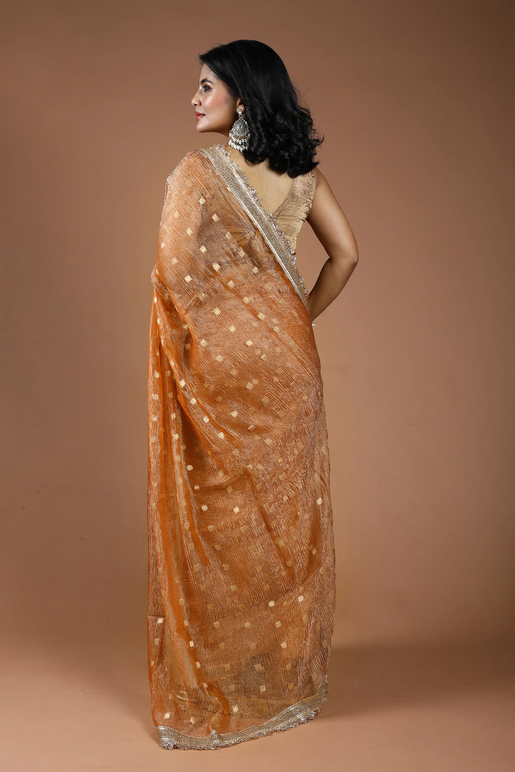 Peach Gold Pure Crush Tissue Banarasi Saree With Blouse Piece